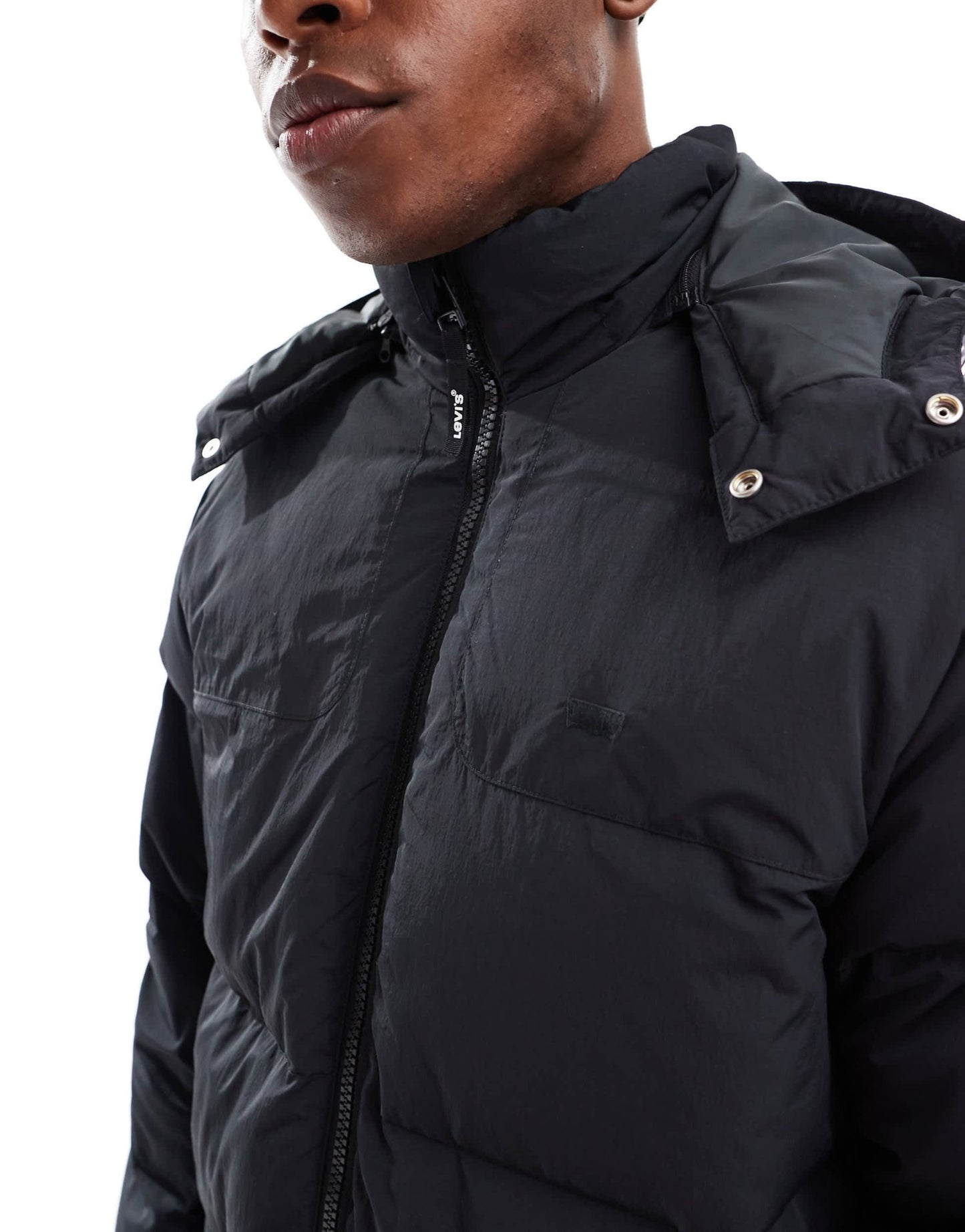 Levi's Rockridge crinkle nylon short hooded down puffer jacket in black - ASOS Sample Sale