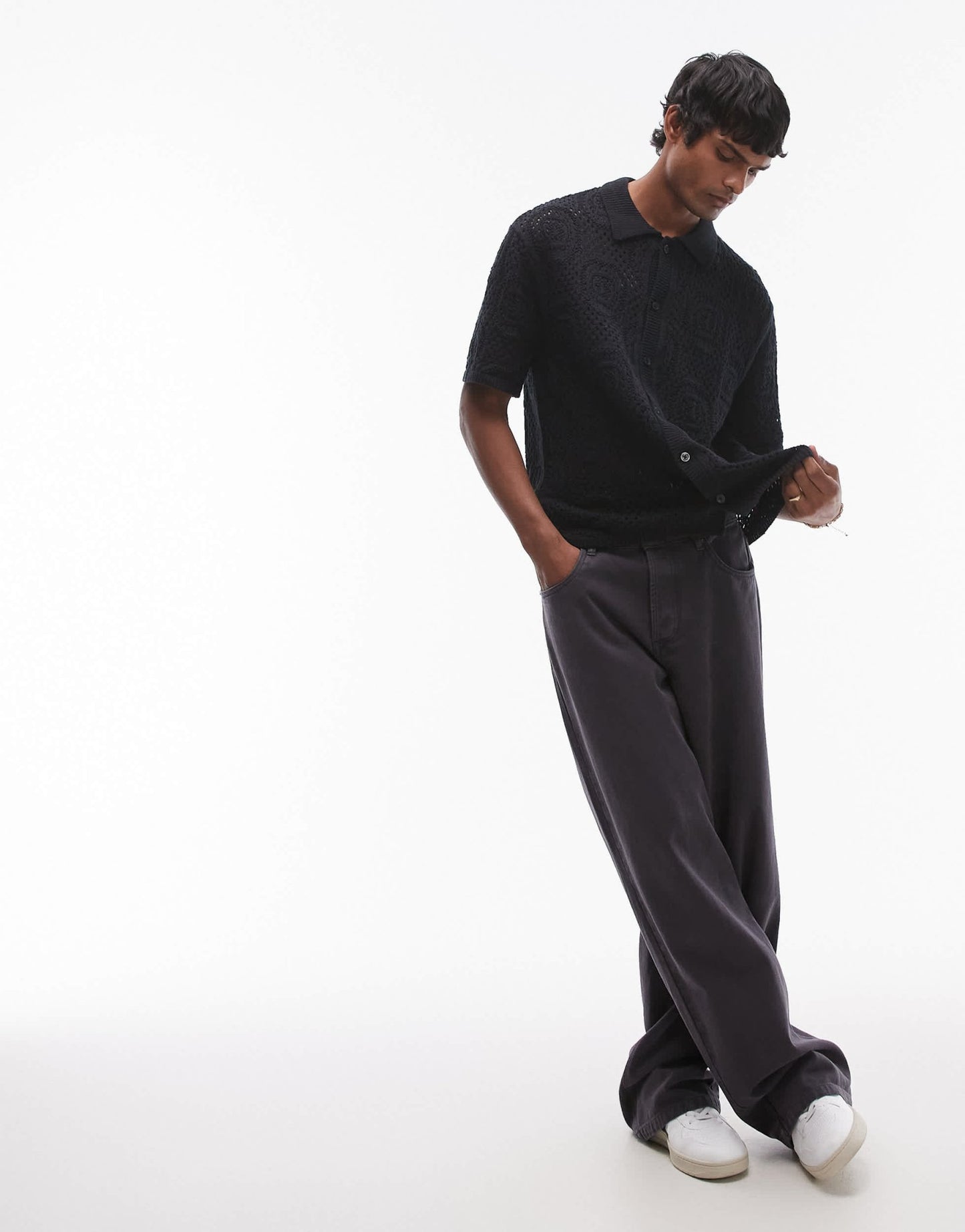 Levi's short sleeve button through pointelle crochet knit camp shirt in black - ASOS Sample Sale