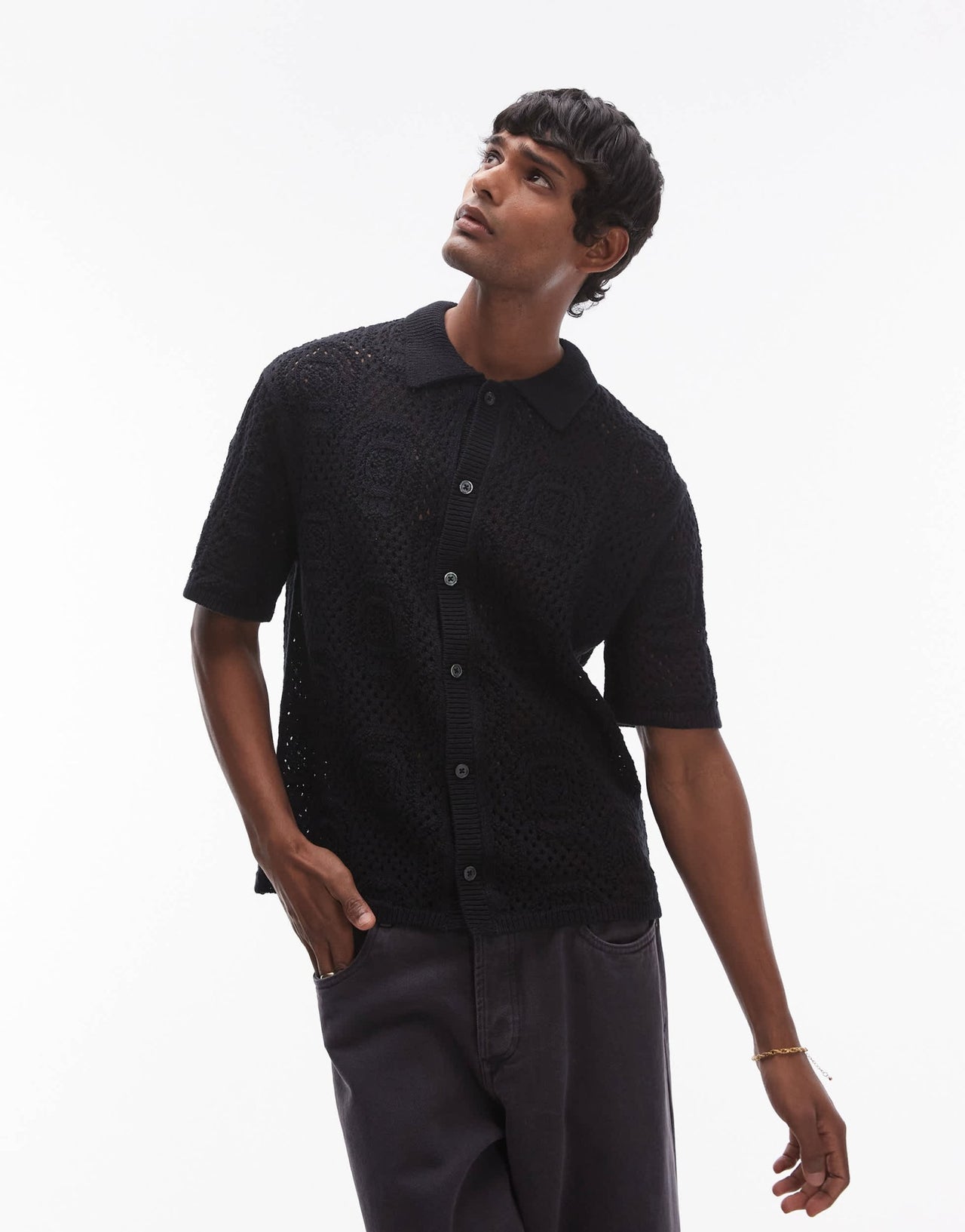 Levi's short sleeve button through pointelle crochet knit camp shirt in black - ASOS Sample Sale