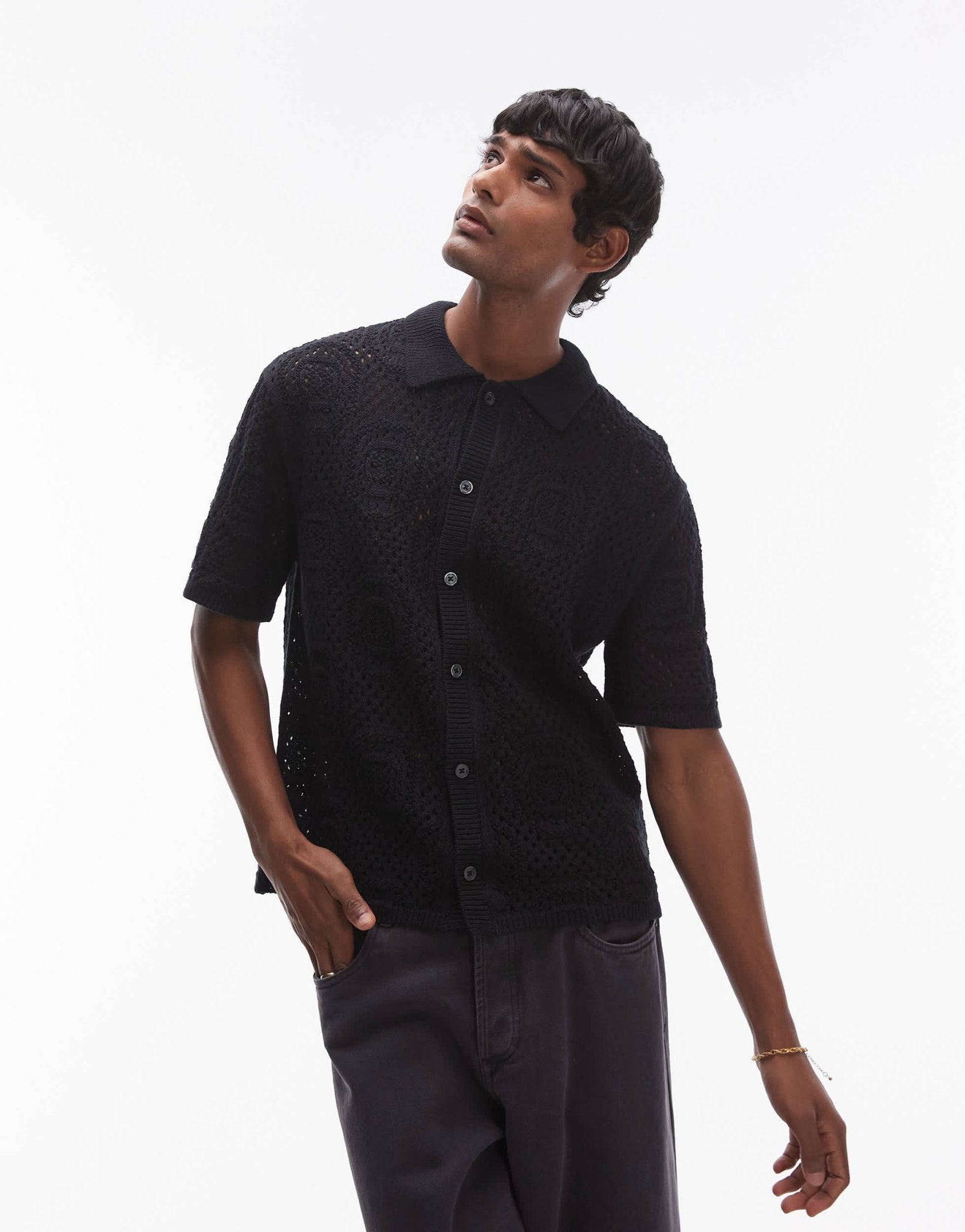 Levi's short sleeve button through pointelle crochet knit camp shirt in black - ASOS Sample Sale