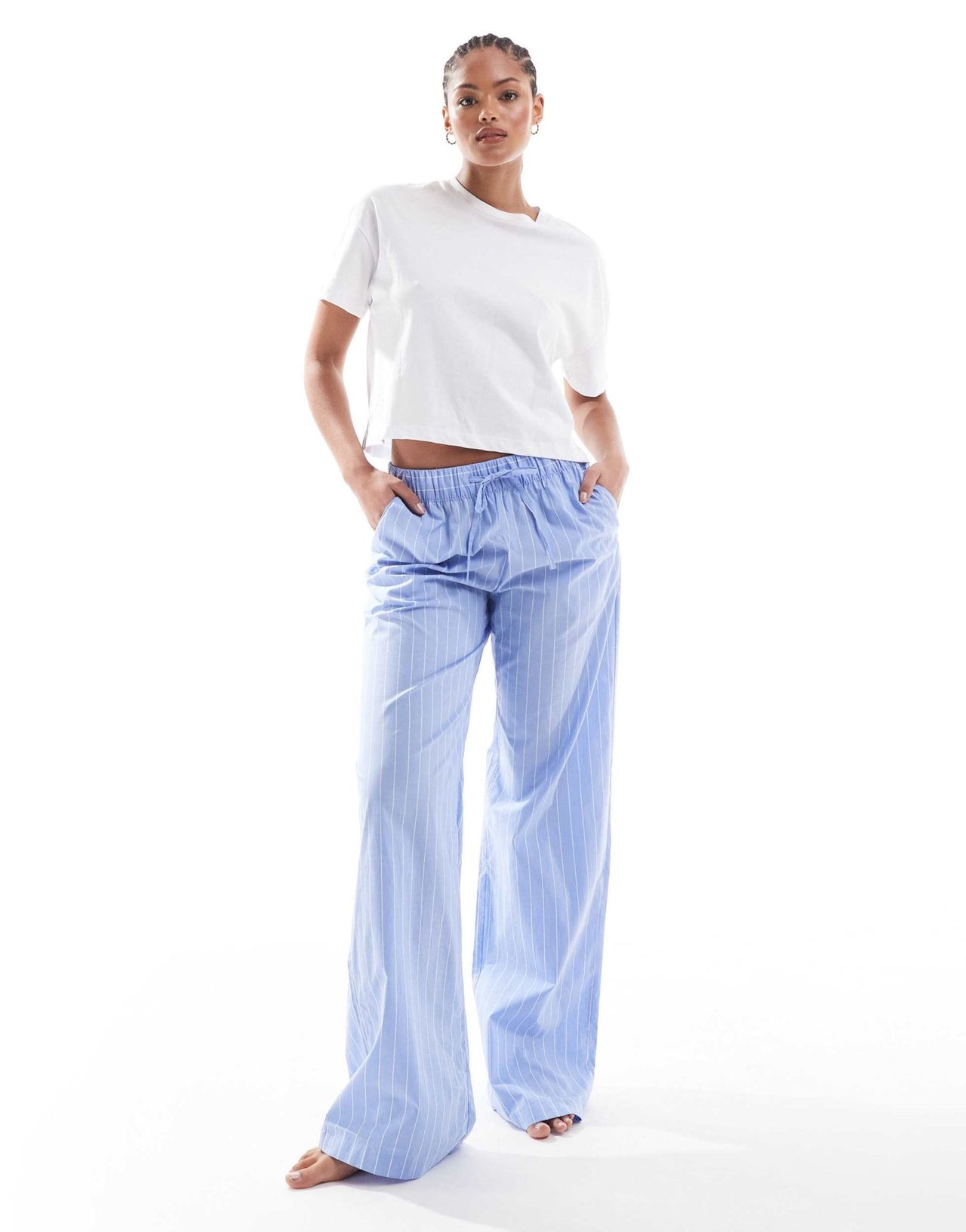 Lindex Tall cotton trouser with drawstring waist in blue stripe - ASOS Sample Sale
