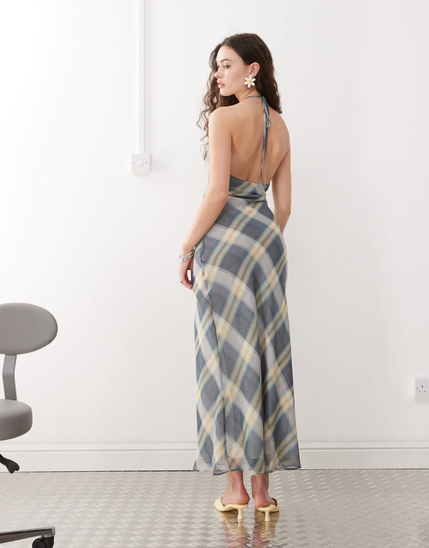 Lioness 90s halterneck lace trim low back maxi dress in vintage blue check - ASOS Sample Sale