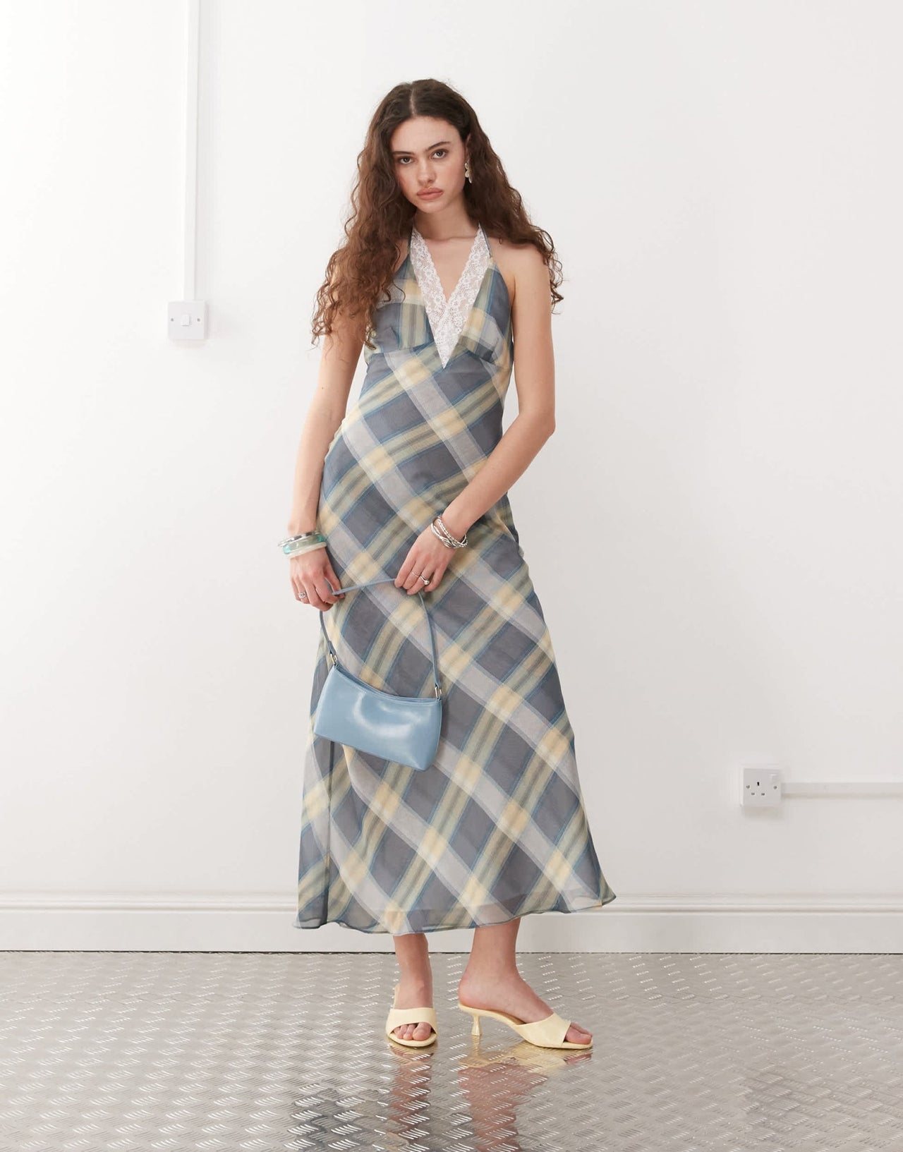 Lioness 90s halterneck lace trim low back maxi dress in vintage blue check - ASOS Sample Sale