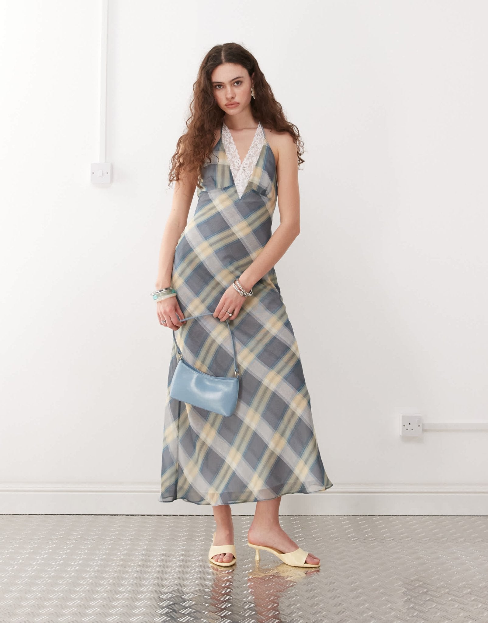 Lioness 90s halterneck lace trim low back maxi dress in vintage blue check - ASOS Sample Sale