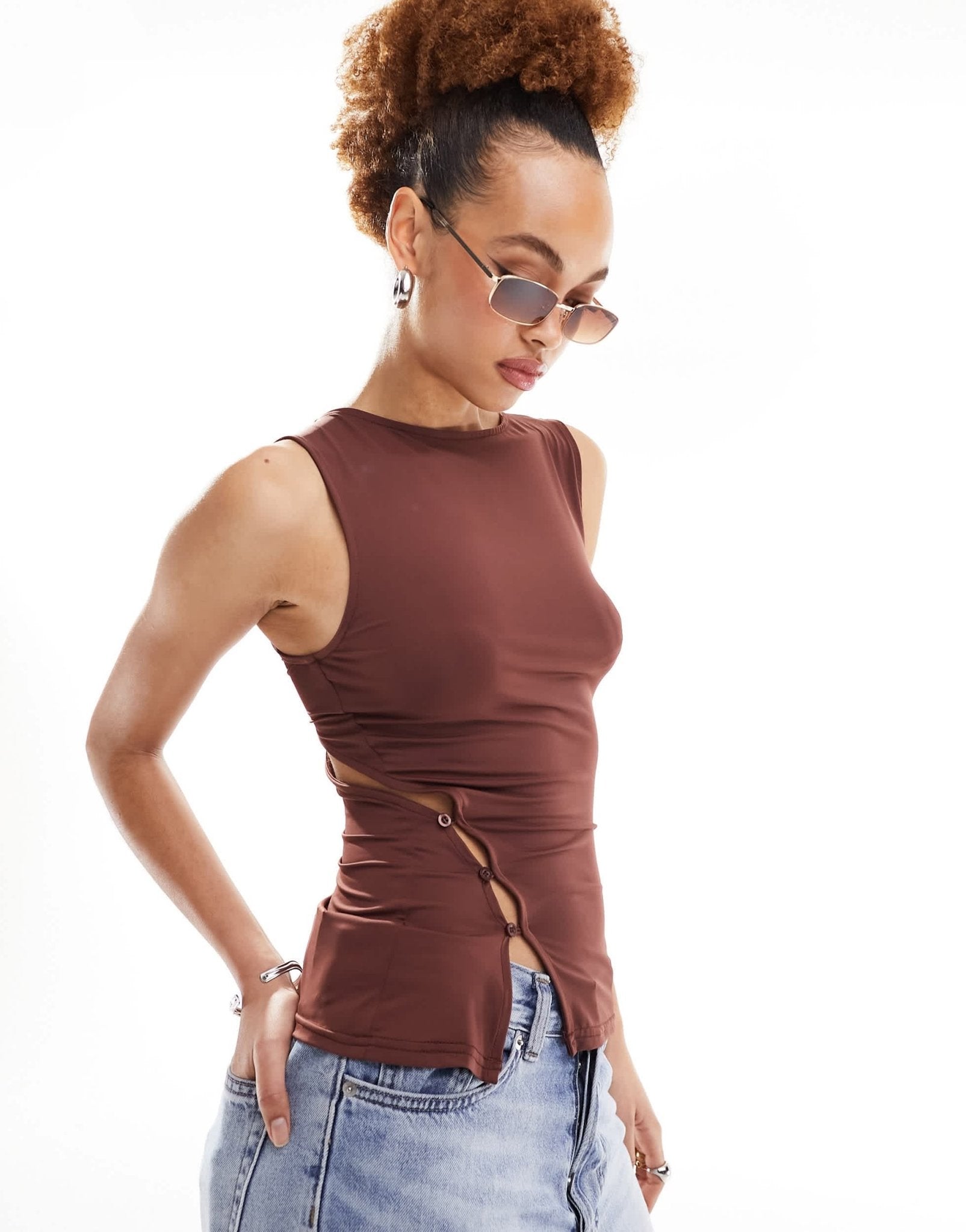 Lioness asymmetric button detail drape shoulder top in brown - ASOS Sample Sale