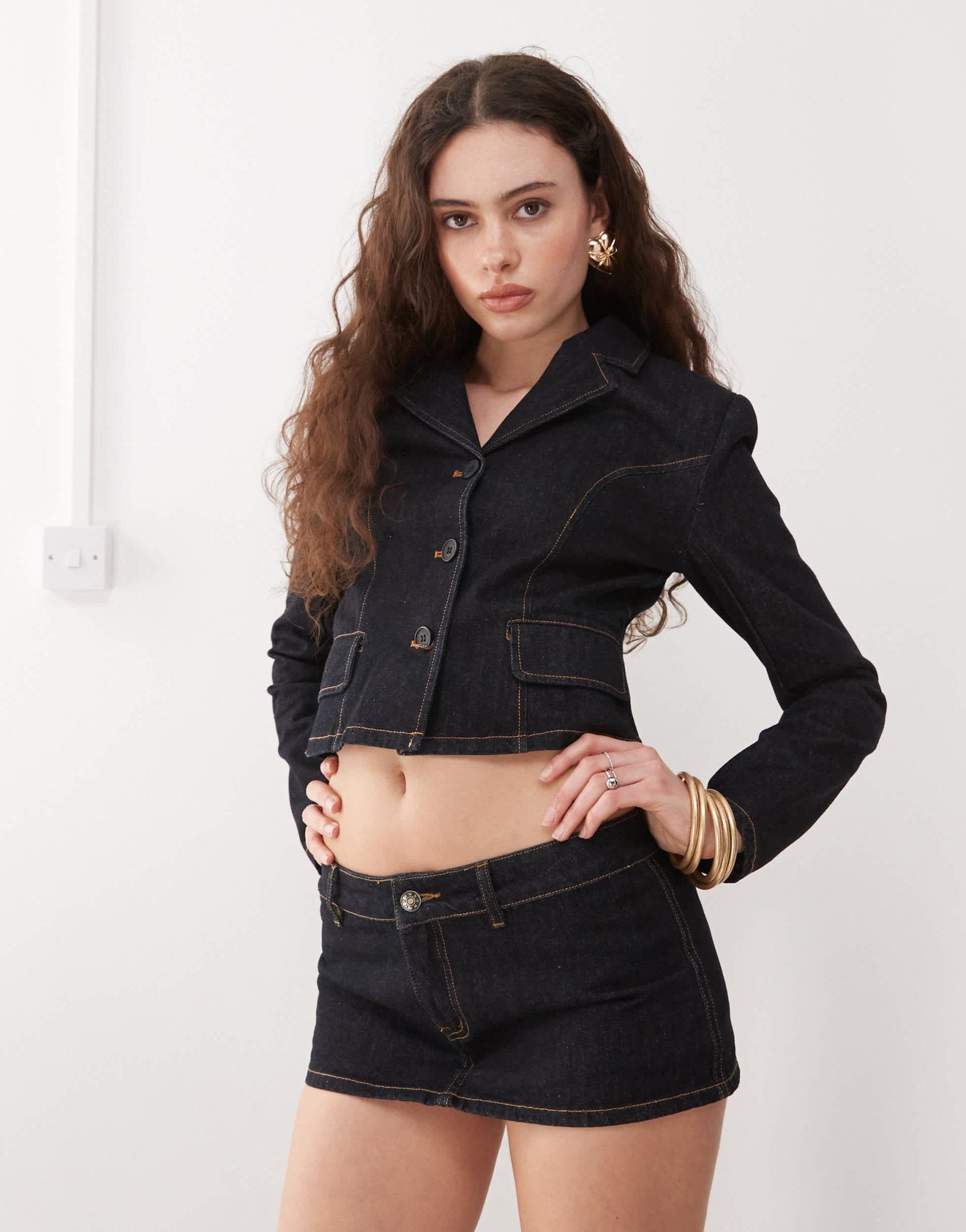 Lioness contrast stitch button front cropped jacket co - ord in dark wash denim - ASOS Sample Sale