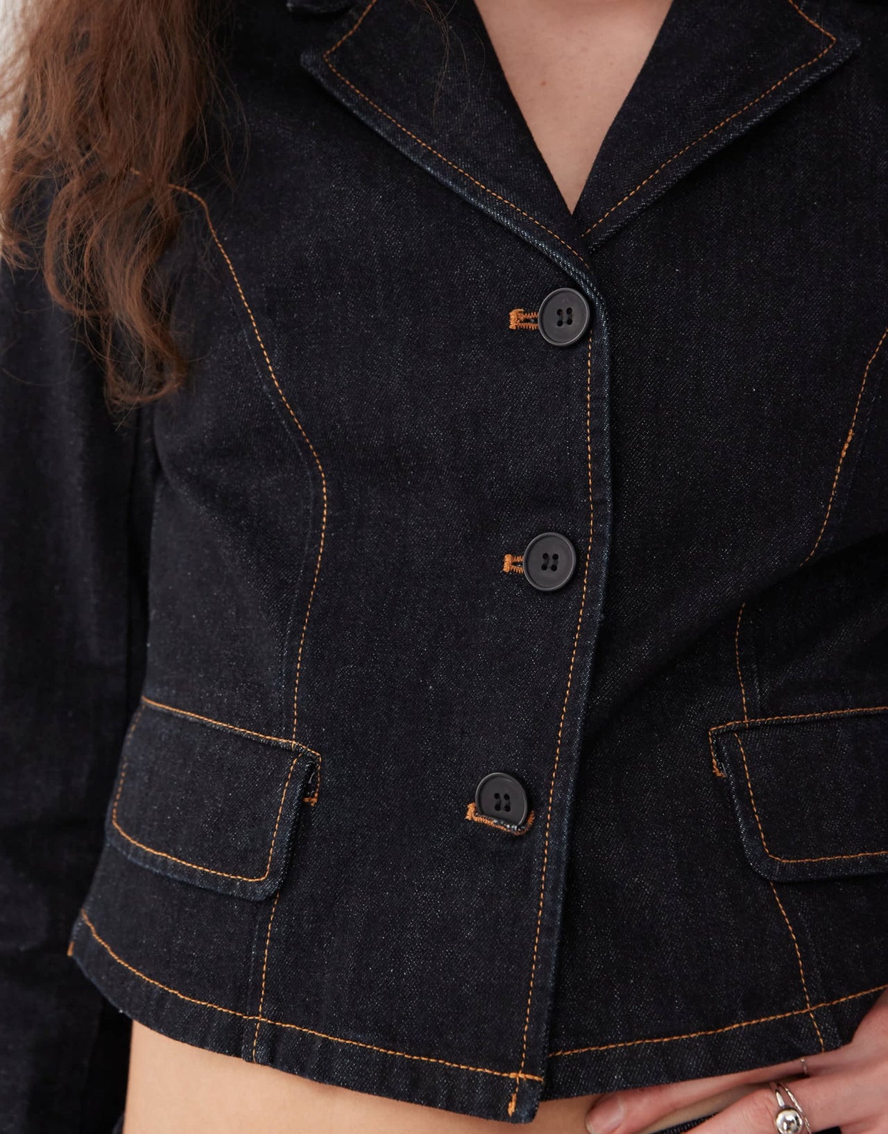 Lioness contrast stitch button front cropped jacket co - ord in dark wash denim - ASOS Sample Sale