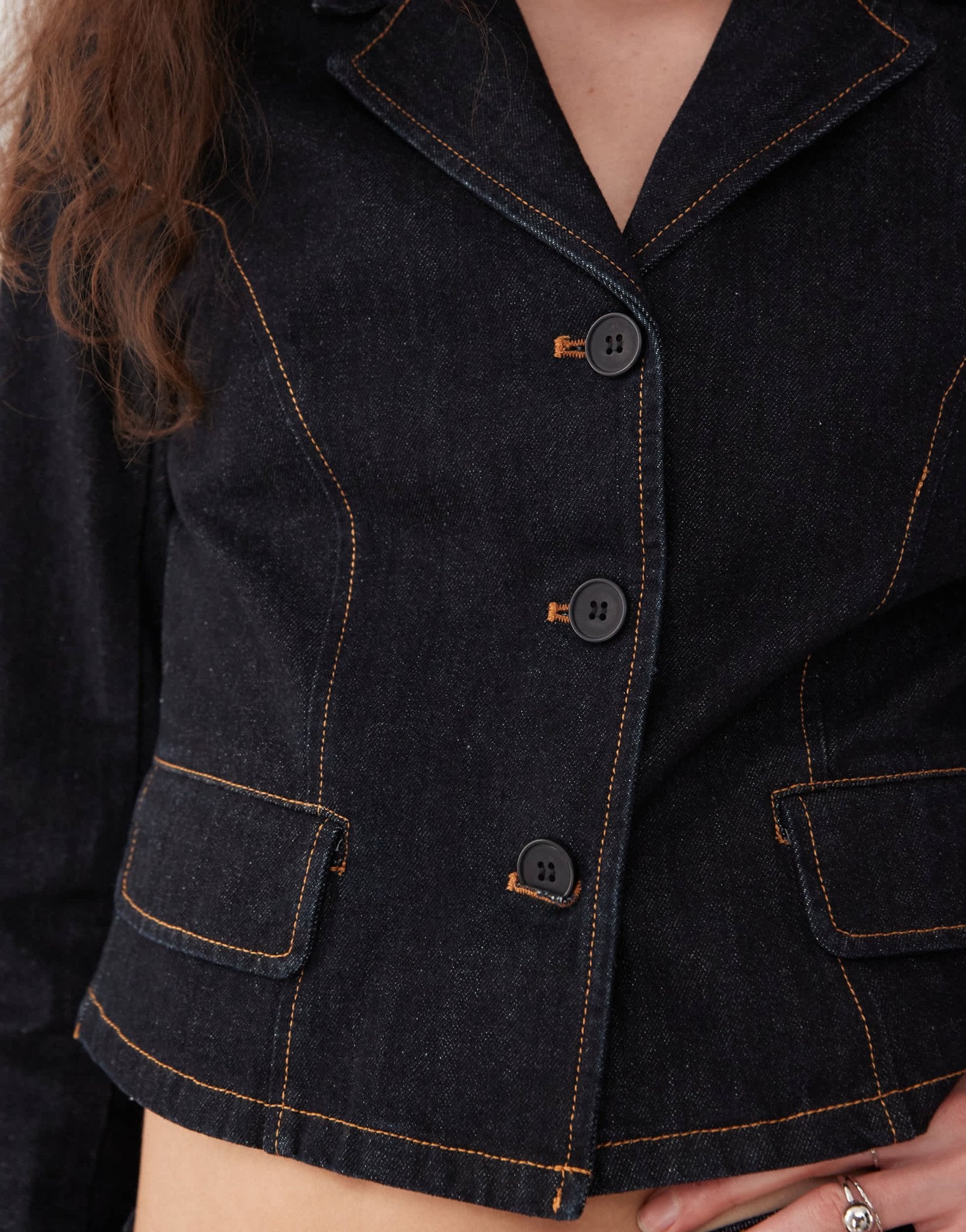 Lioness contrast stitch button front cropped jacket co - ord in dark wash denim - ASOS Sample Sale