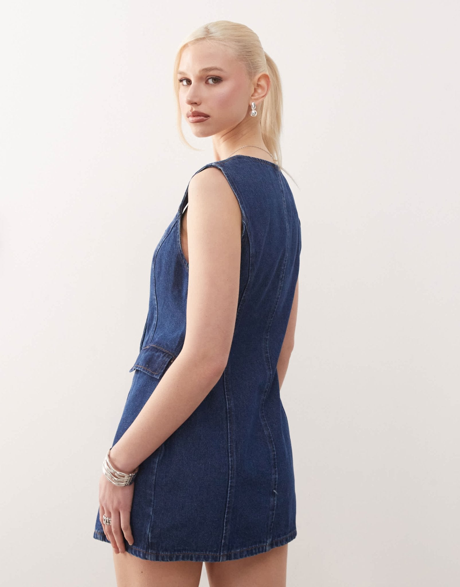 Lioness double button front pocket detail denim mini dress in mid blue wash - ASOS Sample Sale