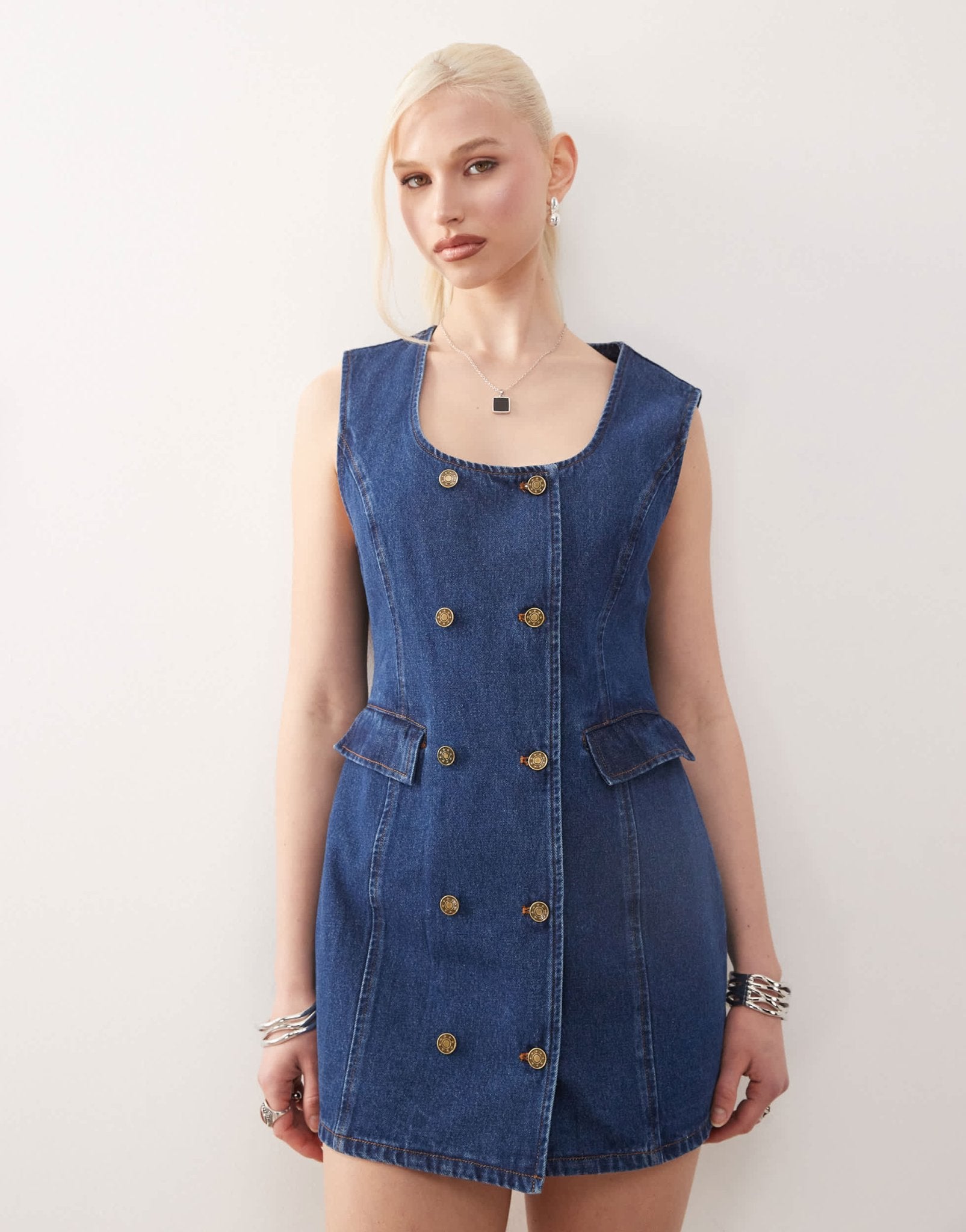 Lioness double button front pocket detail denim mini dress in mid blue wash - ASOS Sample Sale