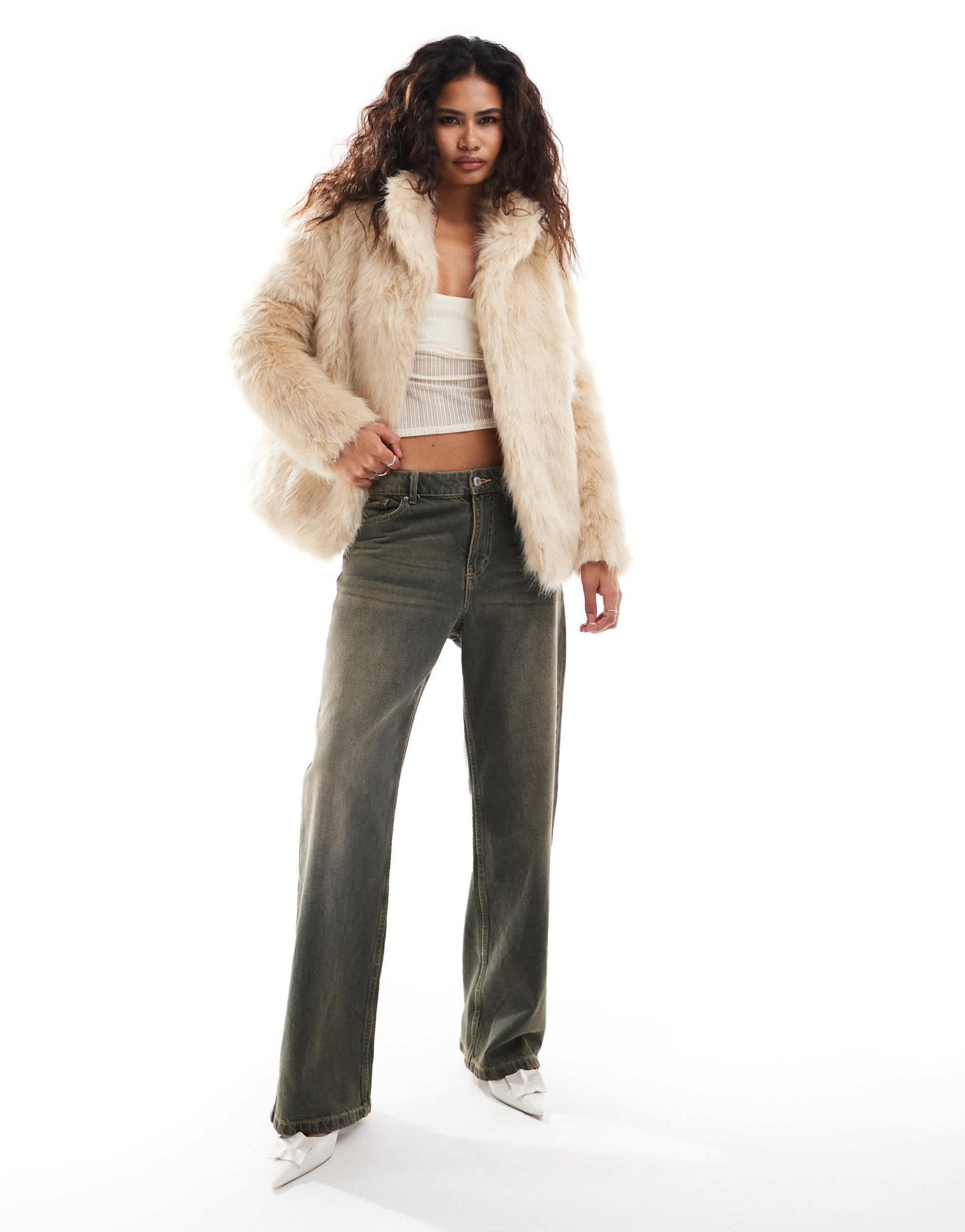Lioness faux fur coat in beige - ASOS Sample Sale