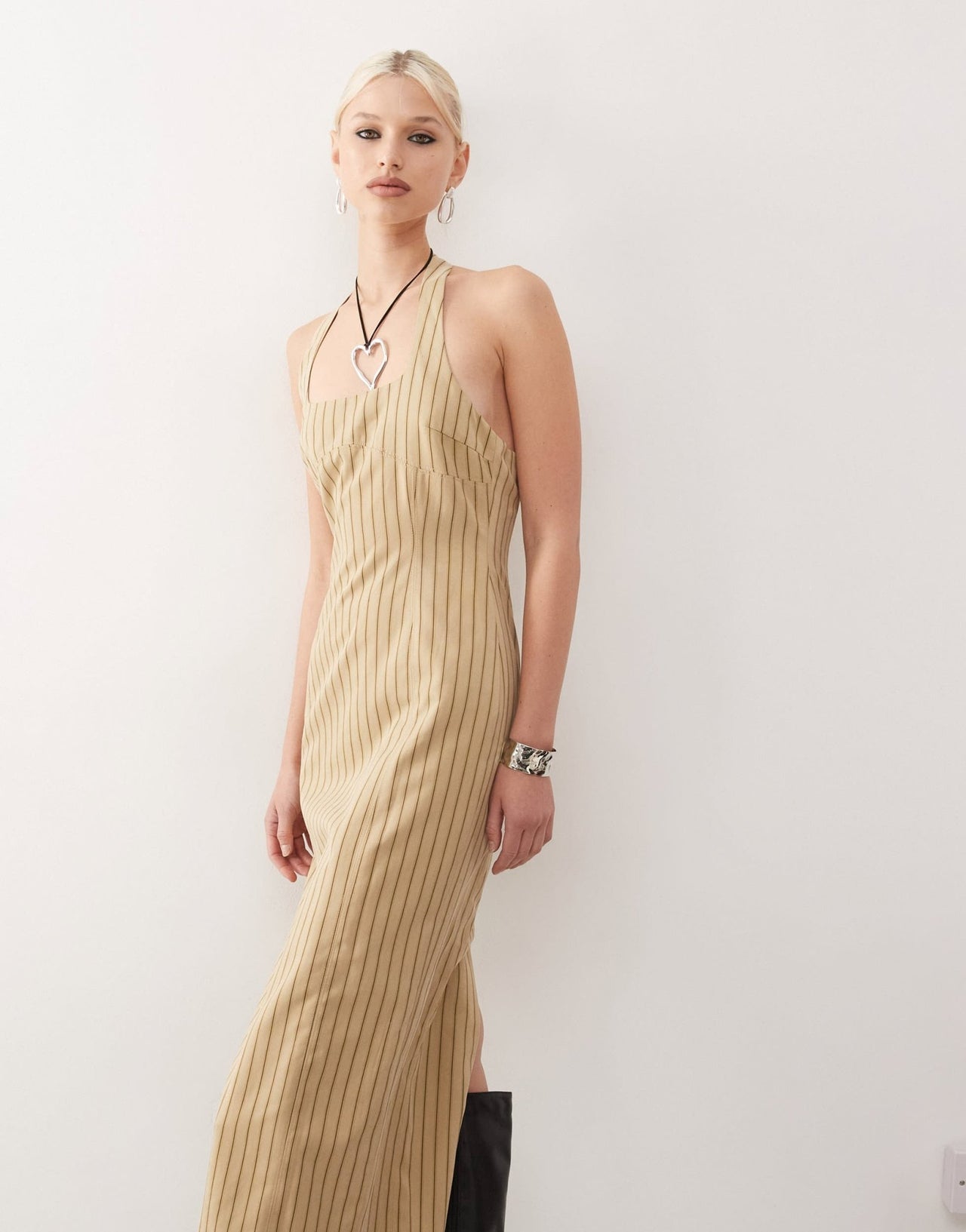Lioness halter neck back split midi dress in beige stripe - ASOS Sample Sale