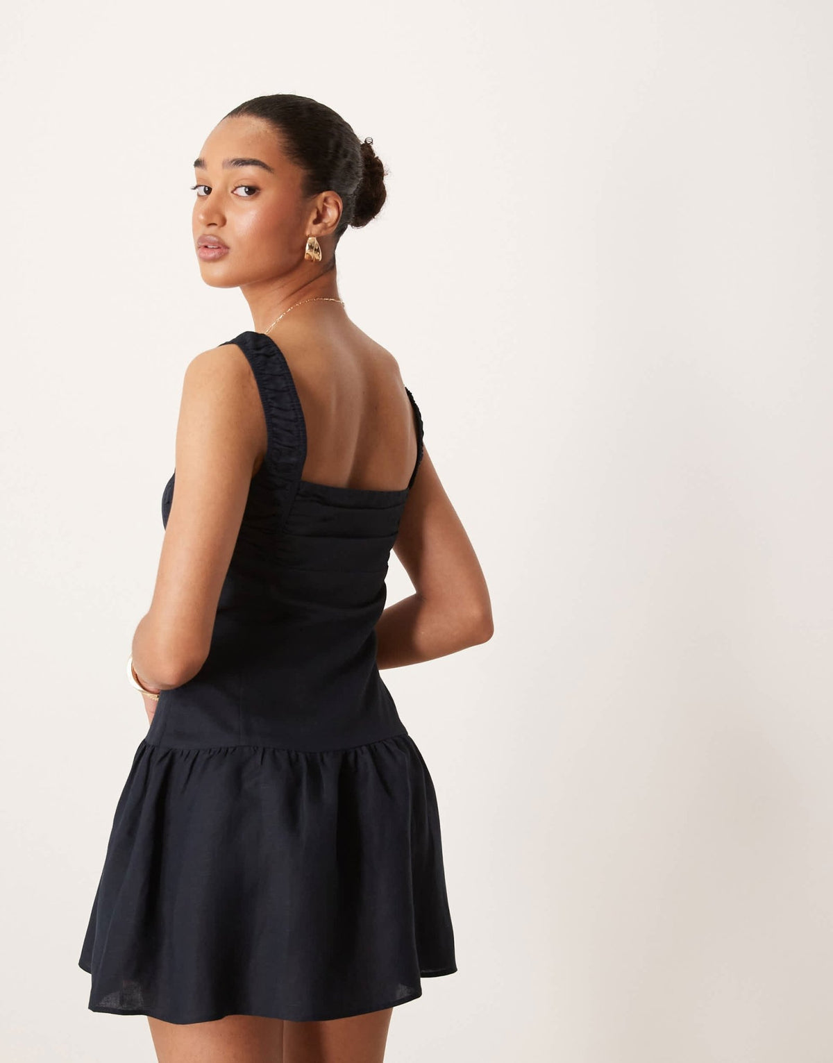 Lioness Heart Shaped linen blend milkmaid tie front button detail gathered skirt mini dress in navy - ASOS Sample Sale