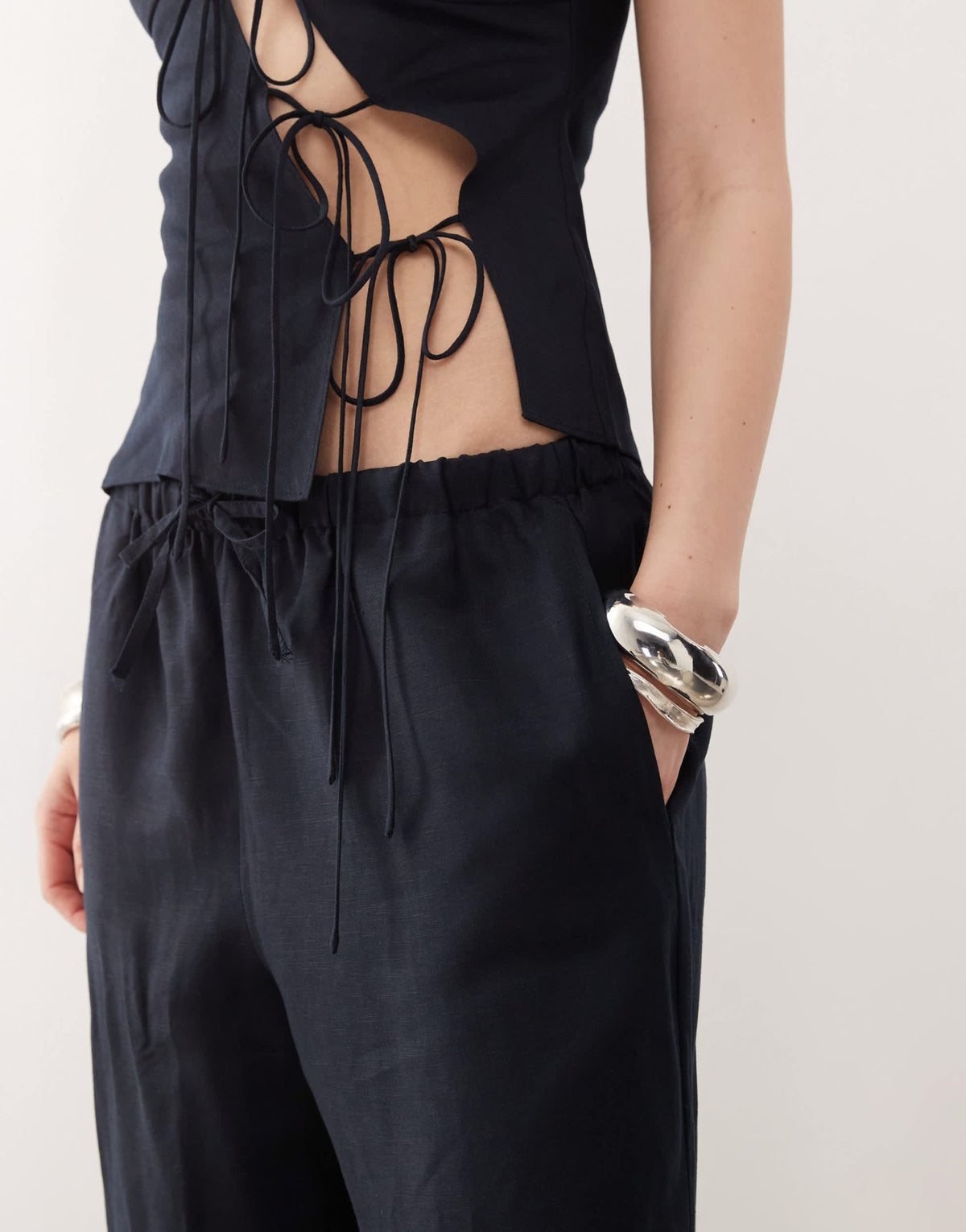 Lioness Idyllic linen blend tie waist wide leg trousers co-ord in navy - ASOS Sample Sale