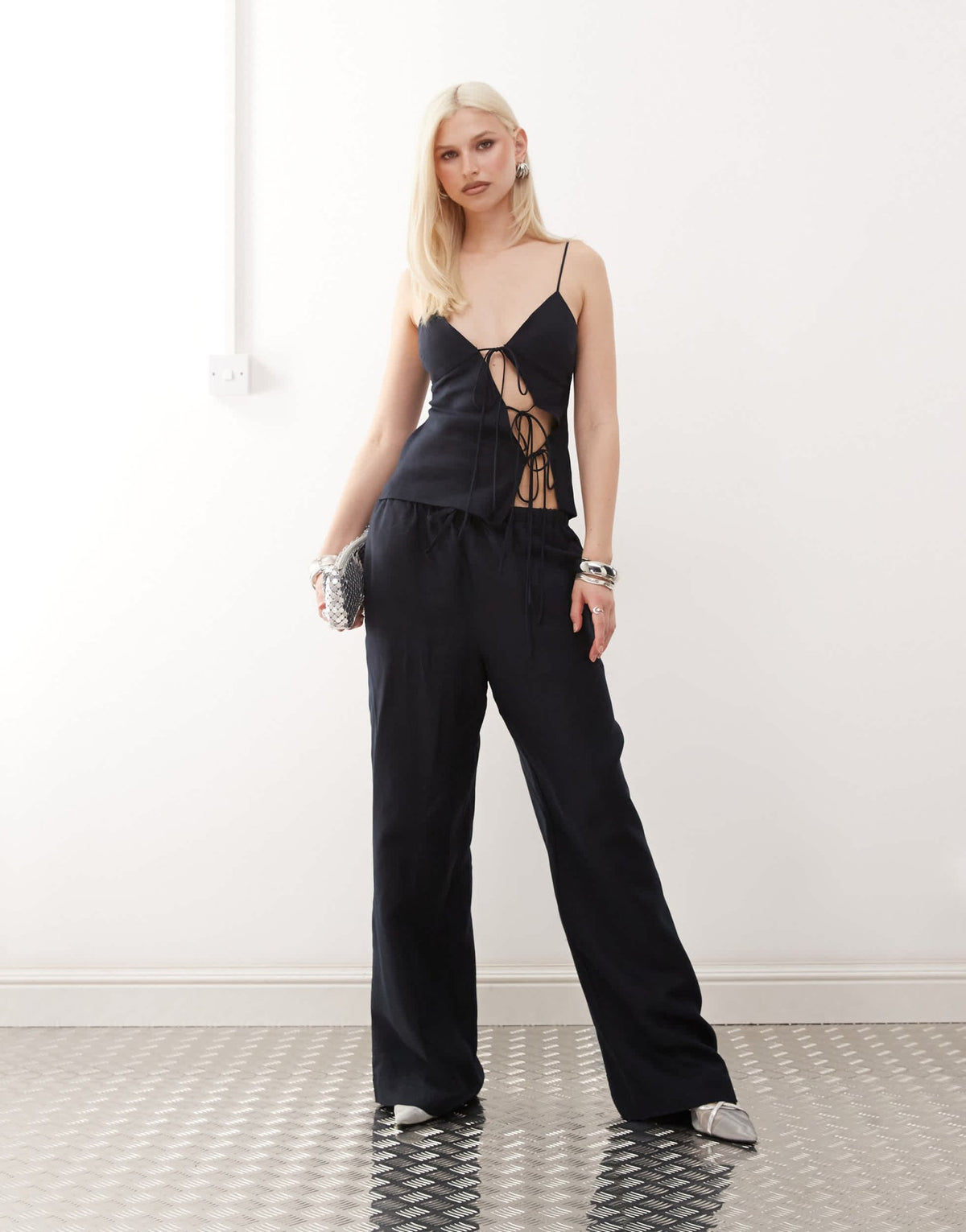 Lioness Idyllic linen blend tie waist wide leg trousers co-ord in navy - ASOS Sample Sale
