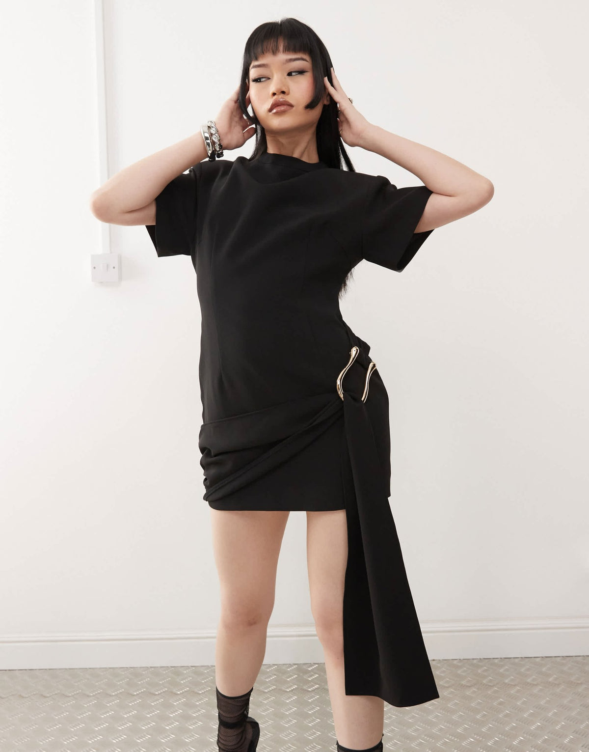 Lioness Martini structured high neck drape waist metal hardware detail mini dress in black - ASOS Sample Sale
