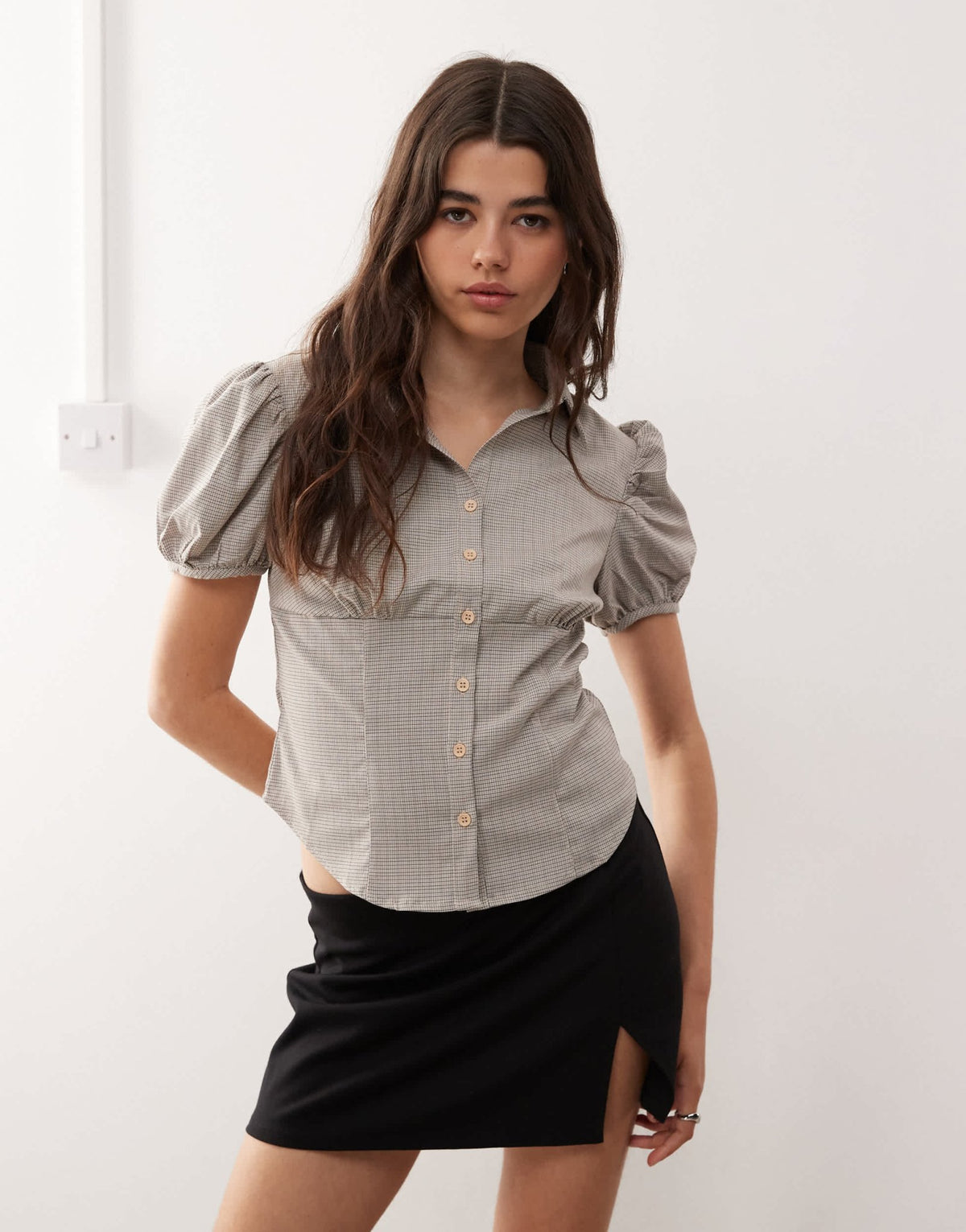 Lioness Mon Cheri puff sleeve button up blouse in beige check - ASOS Sample Sale
