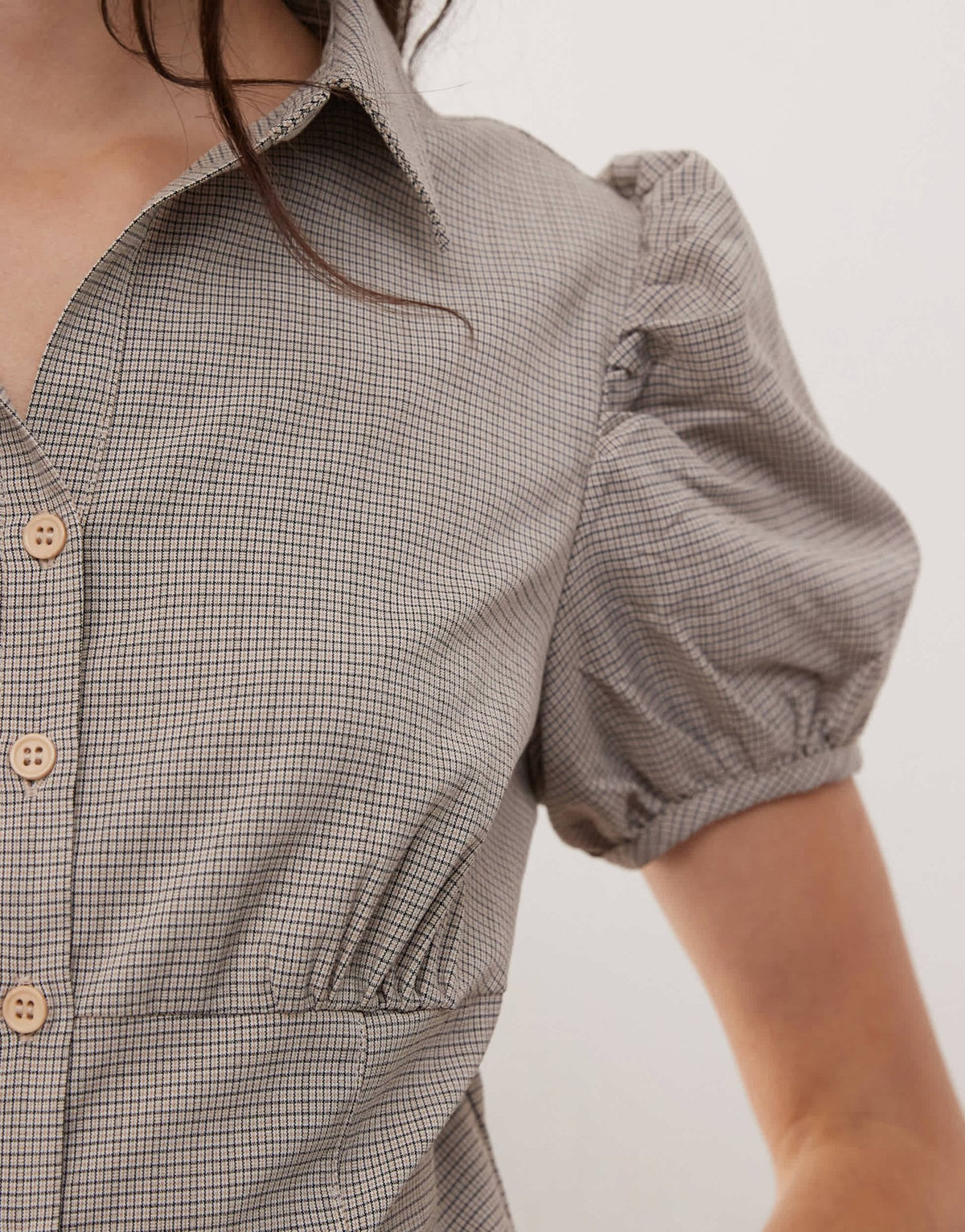 Lioness Mon Cheri puff sleeve button up blouse in beige check - ASOS Sample Sale