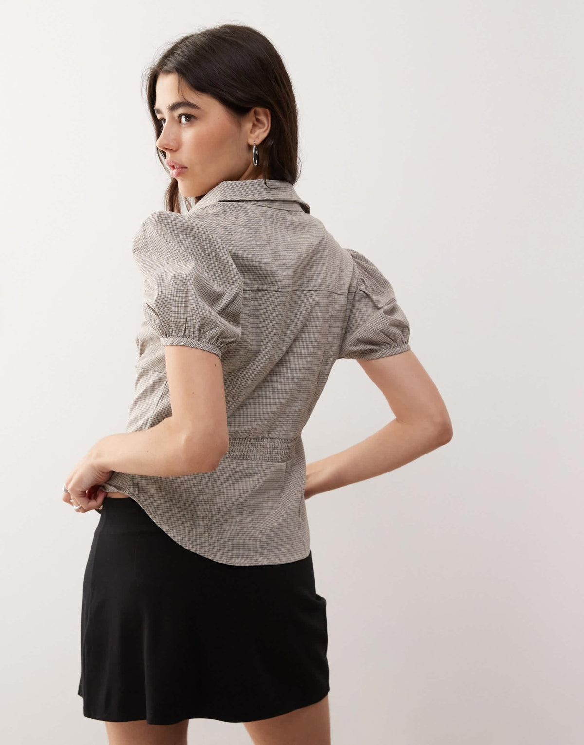 Lioness Mon Cheri puff sleeve button up blouse in beige check - ASOS Sample Sale