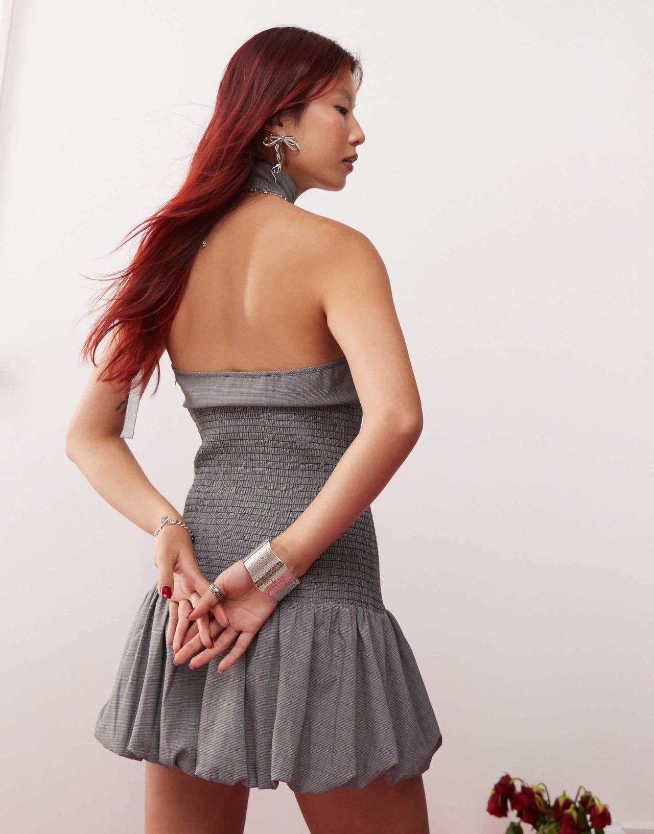Lioness neck detail shirred waist puffball mini dress in black and white check - ASOS Sample Sale