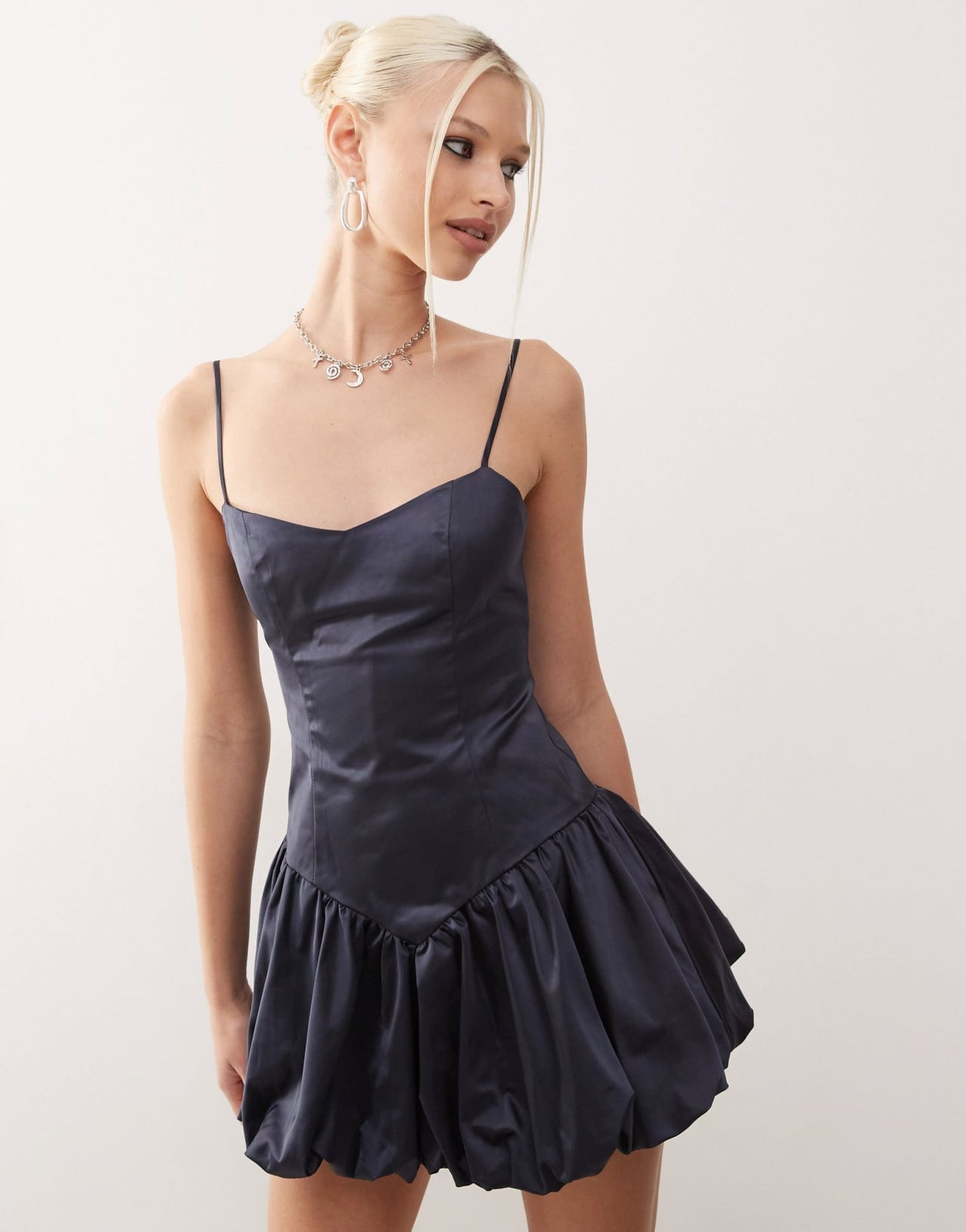 Lioness satin corset detail puffball mini dress in navy - ASOS Sample Sale