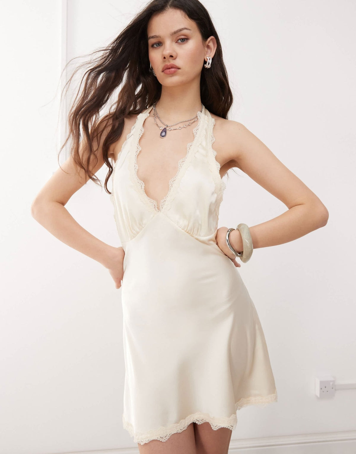 Lioness Stars Align satin lace trim halterneck plunge mini slip dress in cream - ASOS Sample Sale