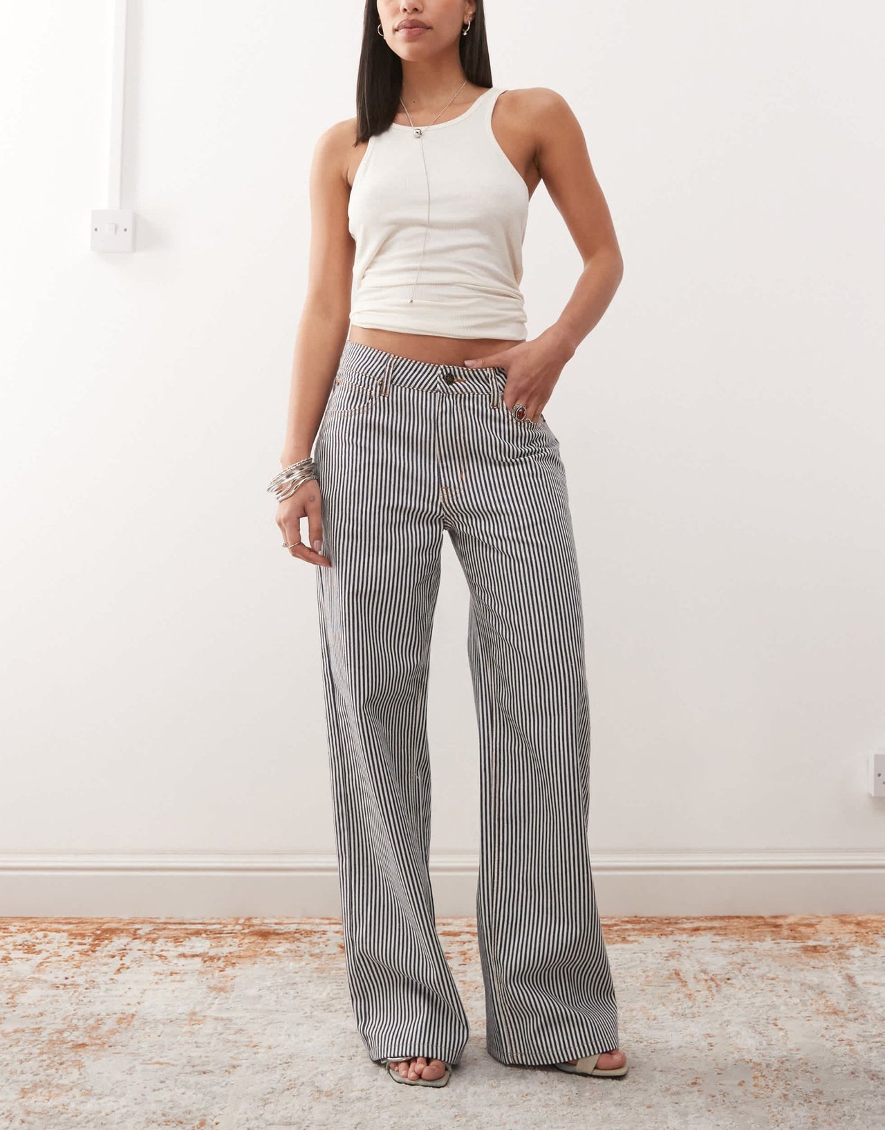 Lioness Top Model low rise wide leg jeans in blue and white stripe - ASOS Sample Sale