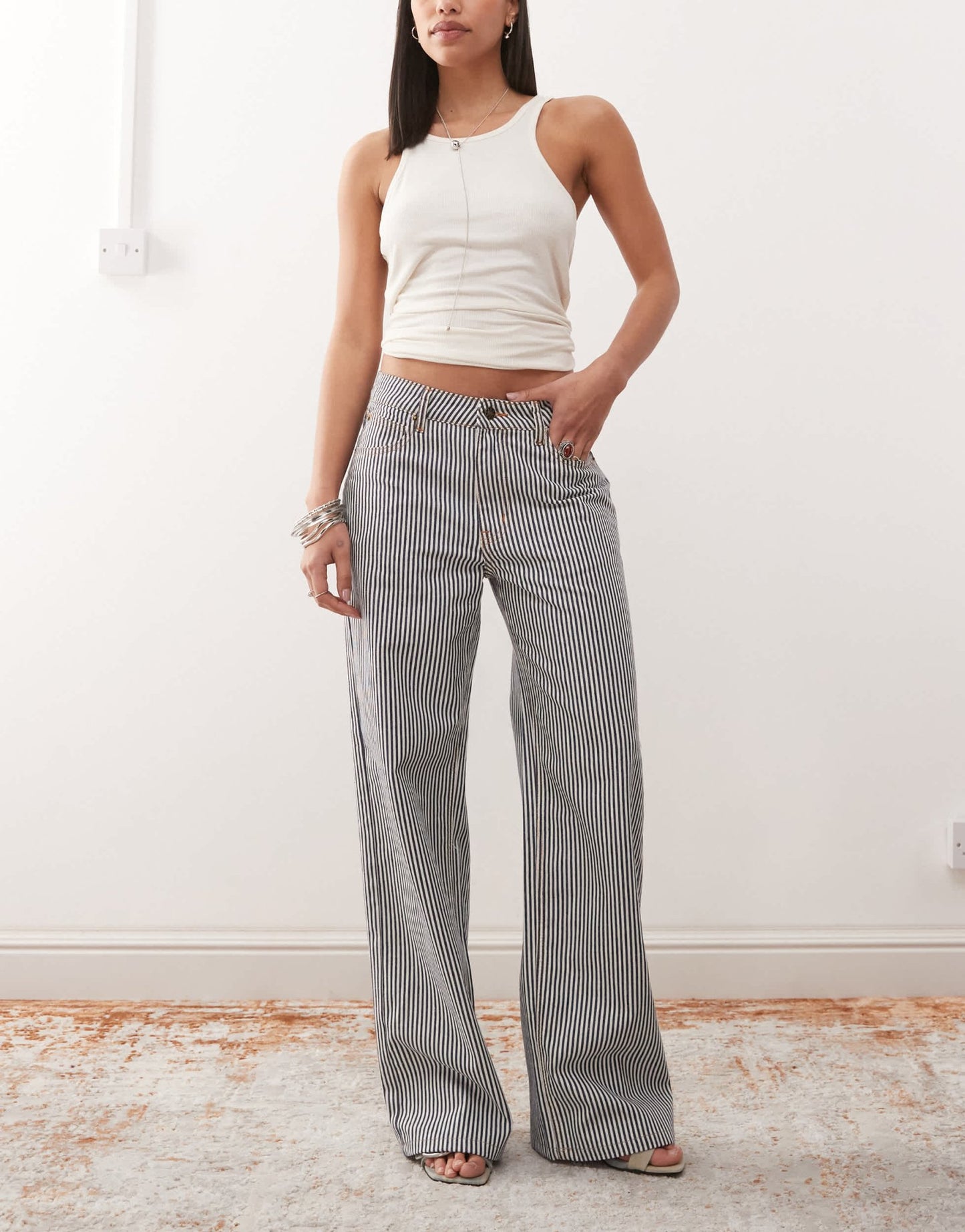 Lioness Top Model low rise wide leg jeans in blue and white stripe - ASOS Sample Sale