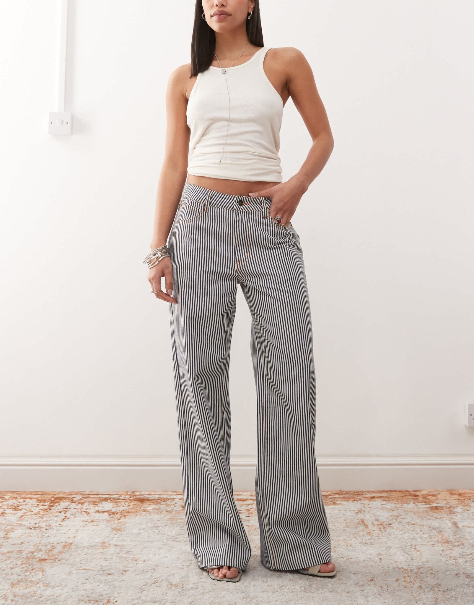 Lioness Top Model low rise wide leg jeans in blue and white stripe - ASOS Sample Sale