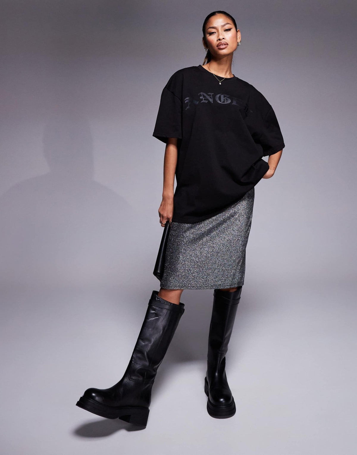Liquor N Poker 2 in 1 t-shirt dress with rhinestone midi skirt in charcoal - ASOS Sample Sale