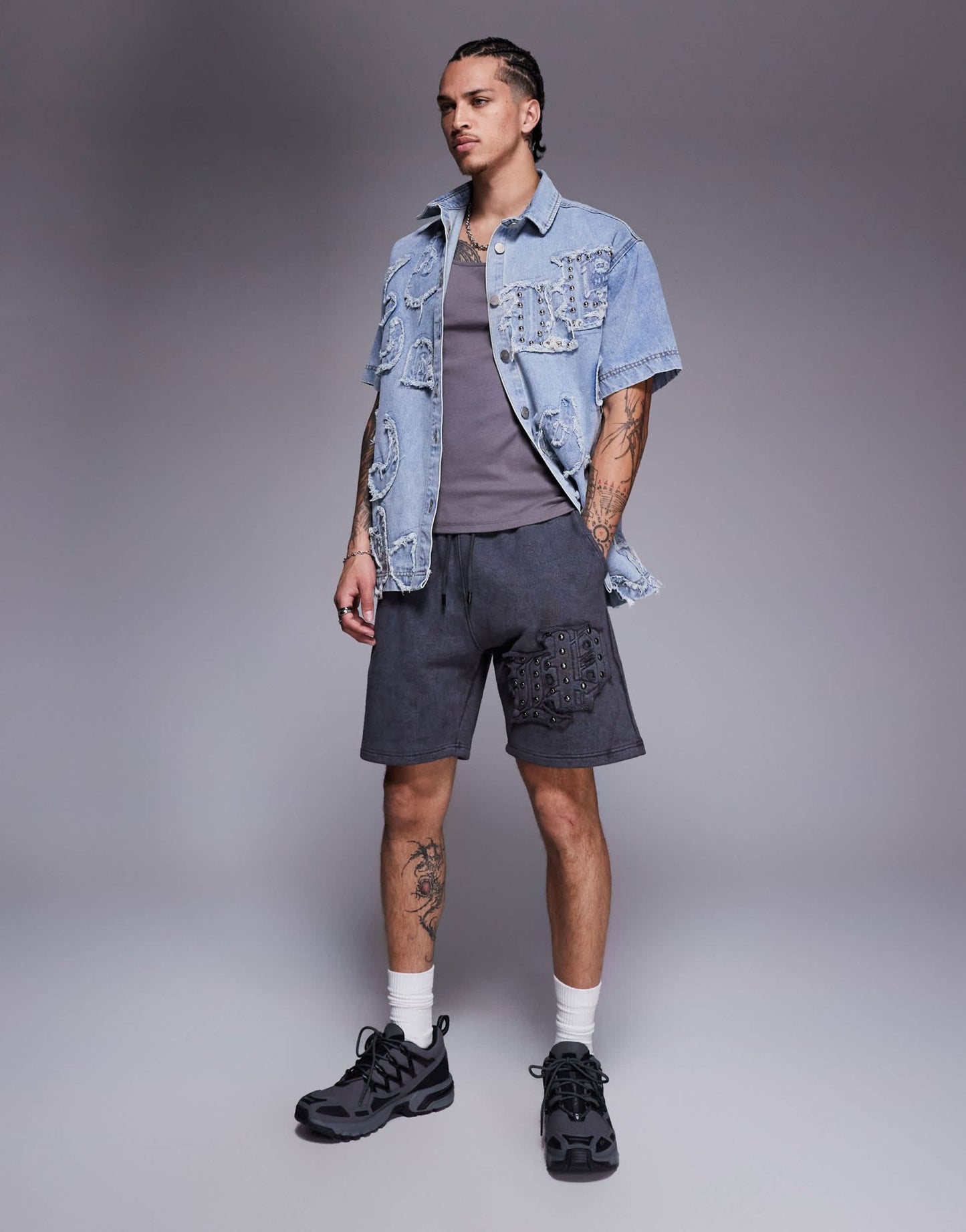 Liquor N Poker applique patch and stud logo jersey shorts in grey - ASOS Sample Sale