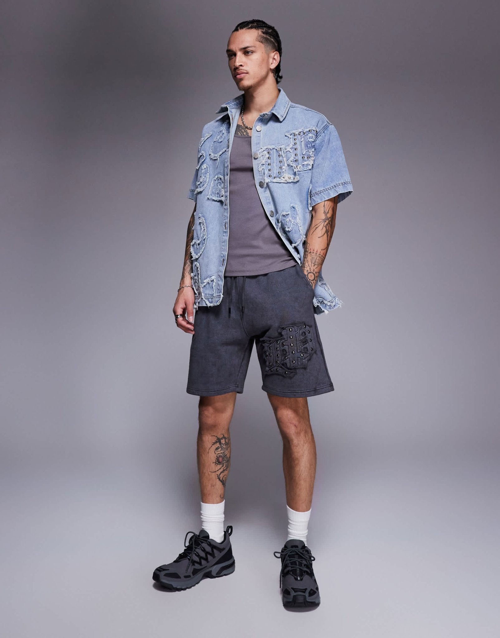 Liquor N Poker applique patch and stud logo jersey shorts in grey - ASOS Sample Sale