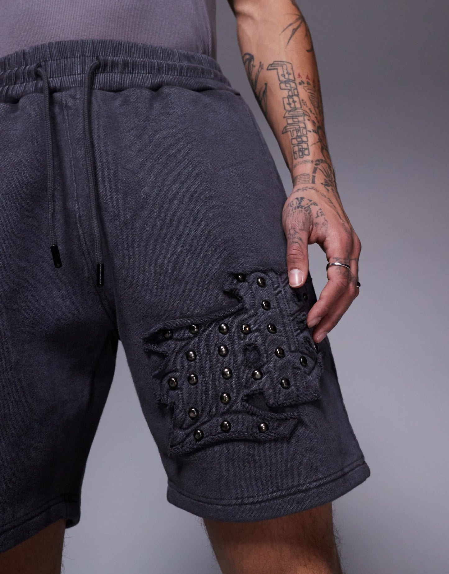 Liquor N Poker applique patch and stud logo jersey shorts in grey - ASOS Sample Sale