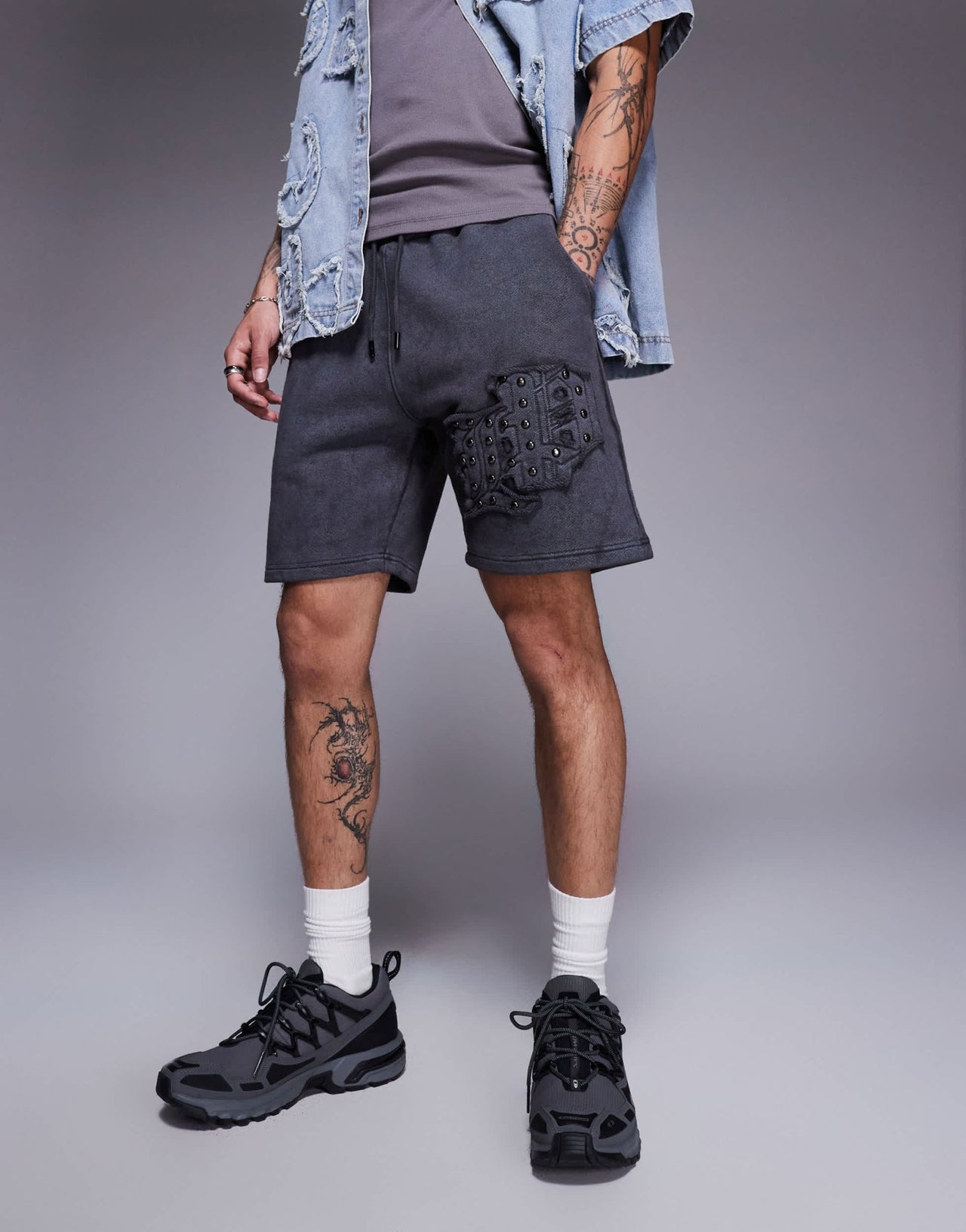 Liquor N Poker applique patch and stud logo jersey shorts in grey - ASOS Sample Sale