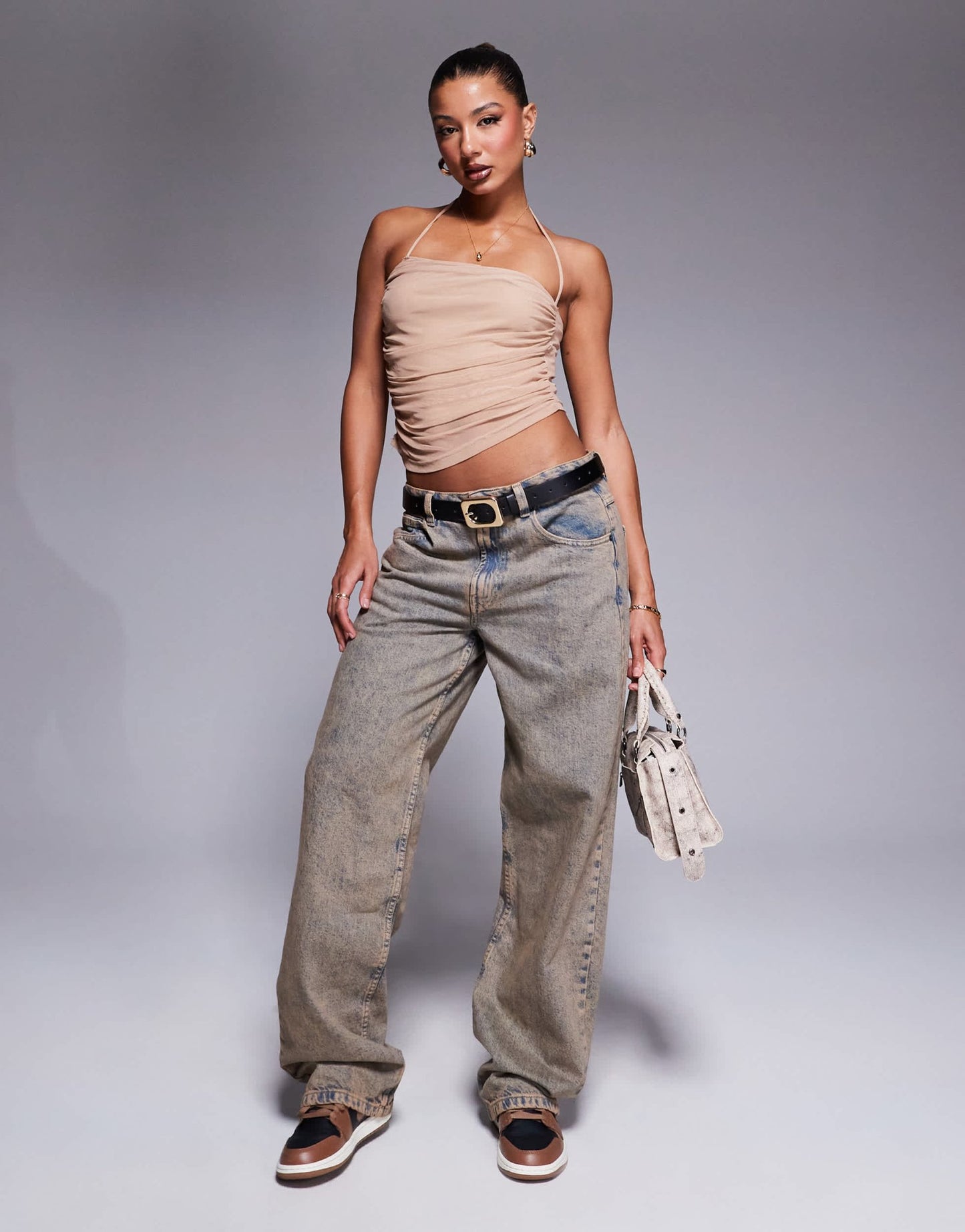 Liquor N Poker asymmetric ruched mesh top in camel - ASOS Sample Sale