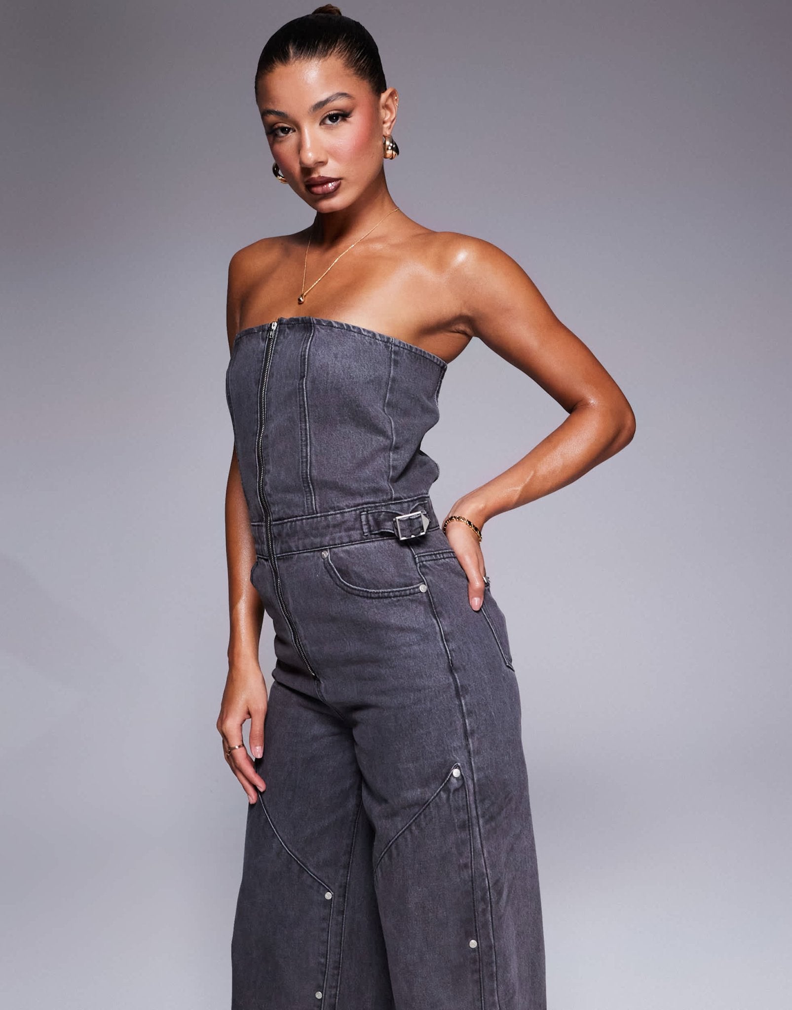 Liquor N Poker bandeau utility jumpsuit with carpenter detail in black wash - ASOS Sample Sale