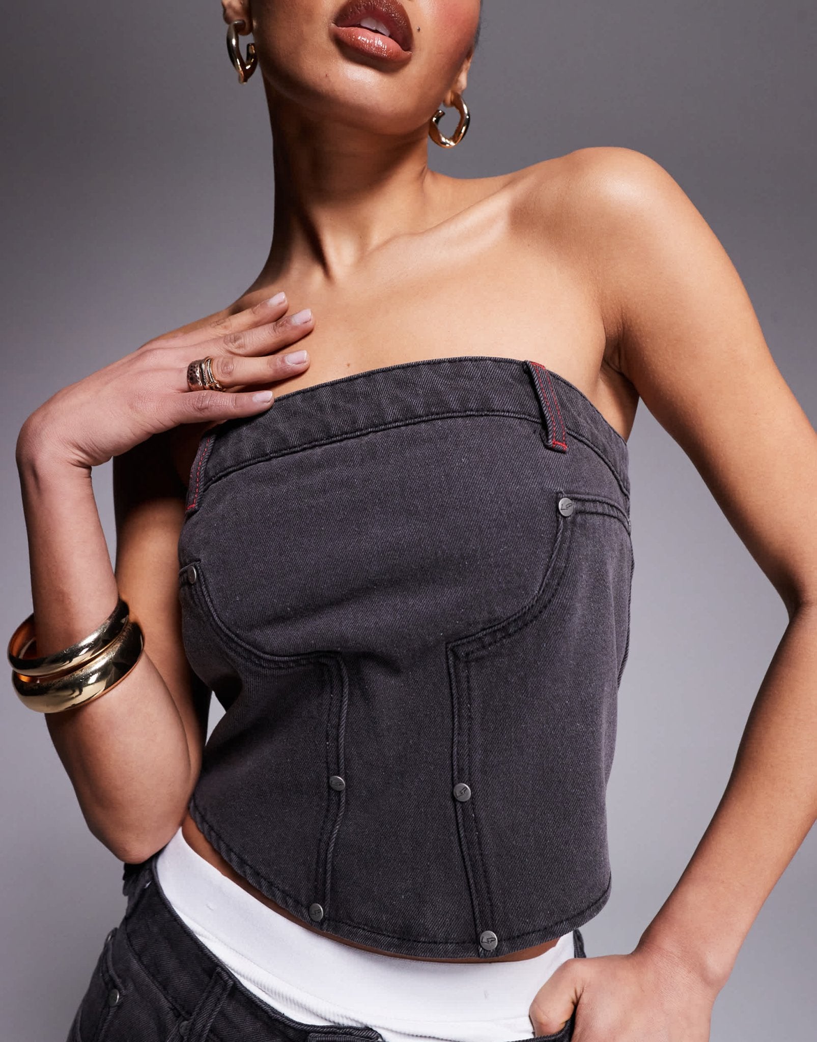 Liquor N Poker denim bandeau utility corset in dirty black wash - ASOS Sample Sale