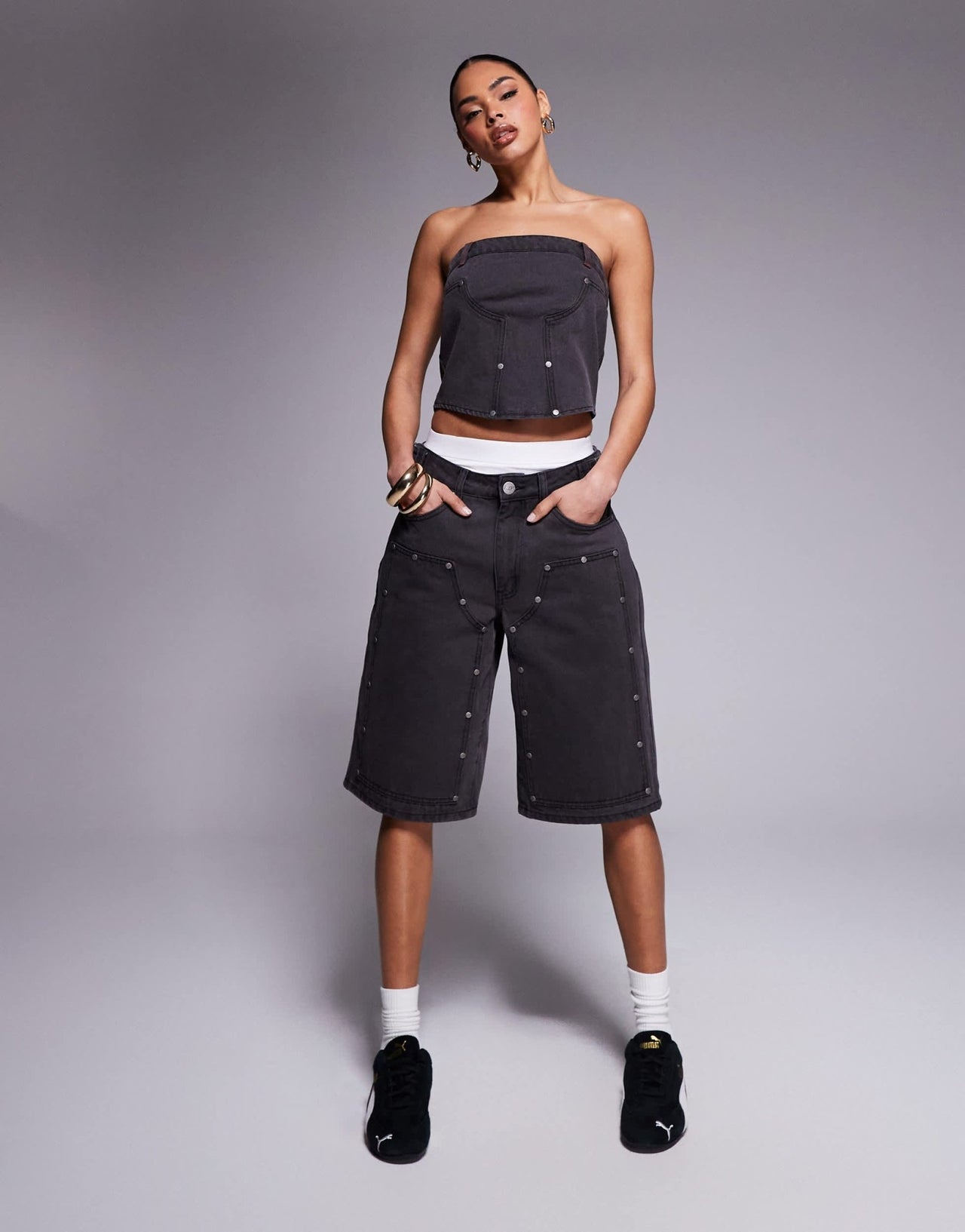 Liquor N Poker denim bandeau utility corset in dirty black wash - ASOS Sample Sale