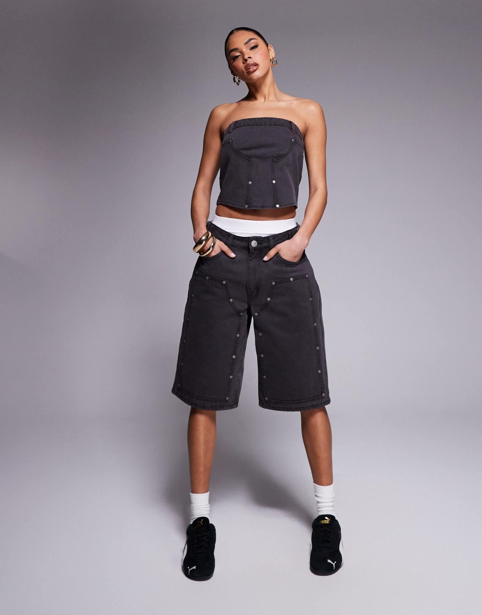 Liquor N Poker denim bandeau utility corset in dirty black wash - ASOS Sample Sale