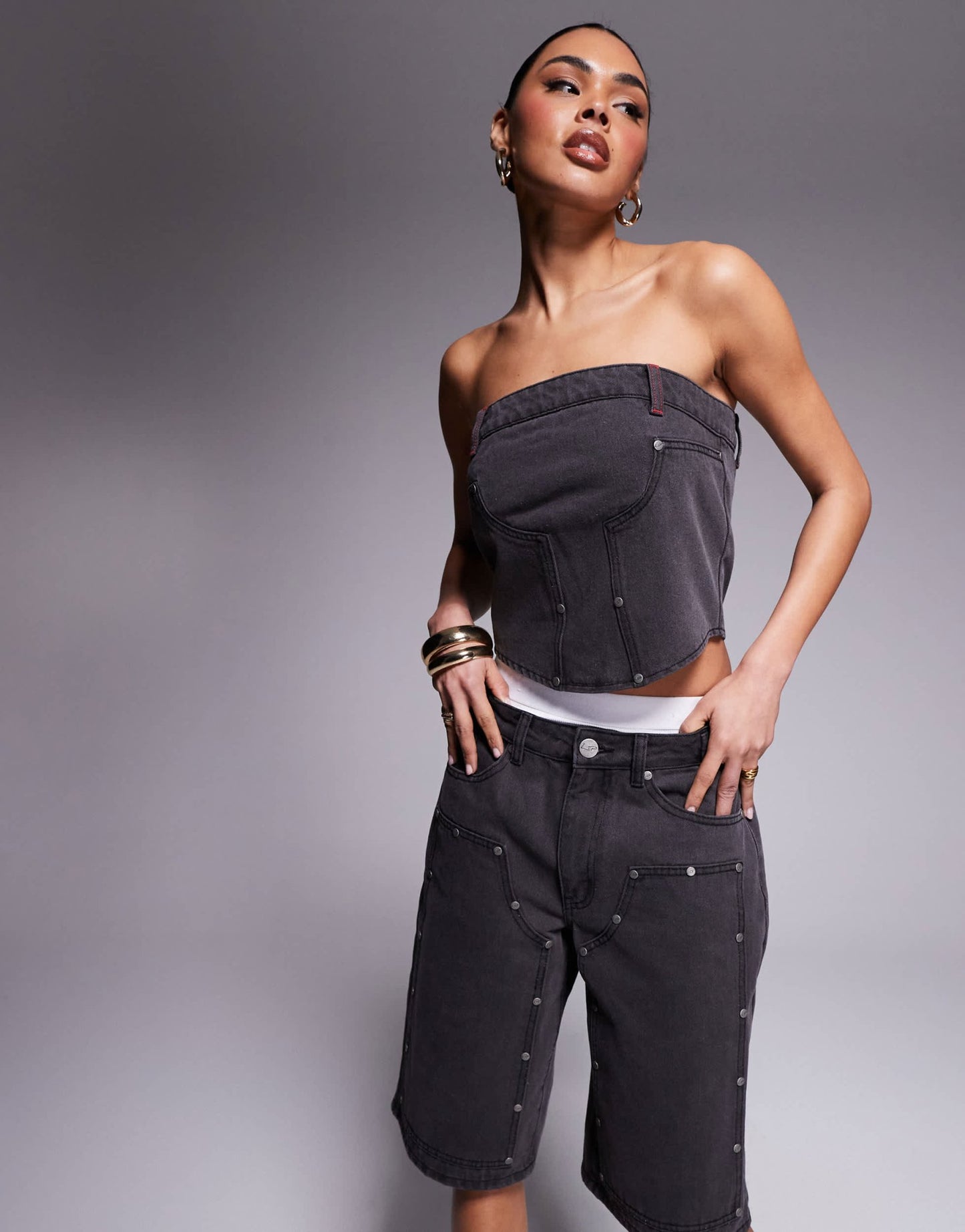 Liquor N Poker denim bandeau utility corset in dirty black wash - ASOS Sample Sale