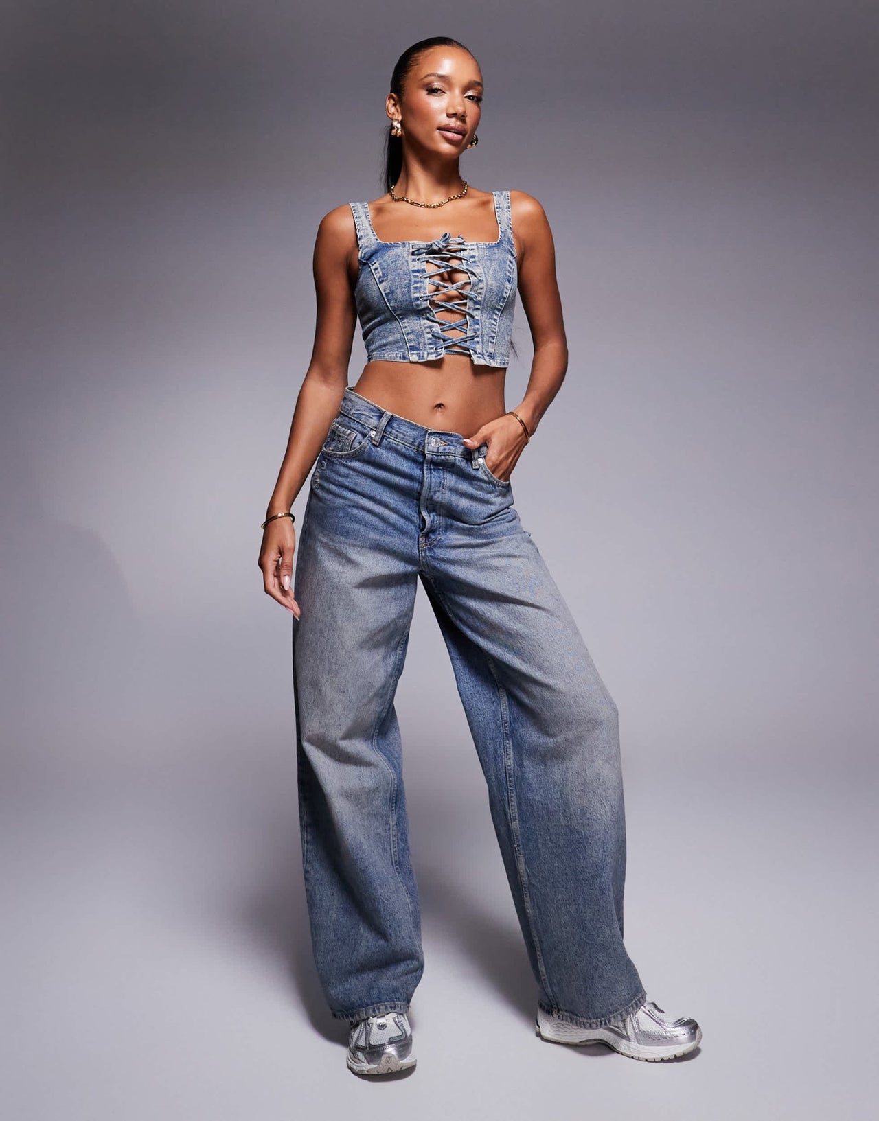 Liquor N Poker lace detail corset top in stone wash - ASOS Sample Sale