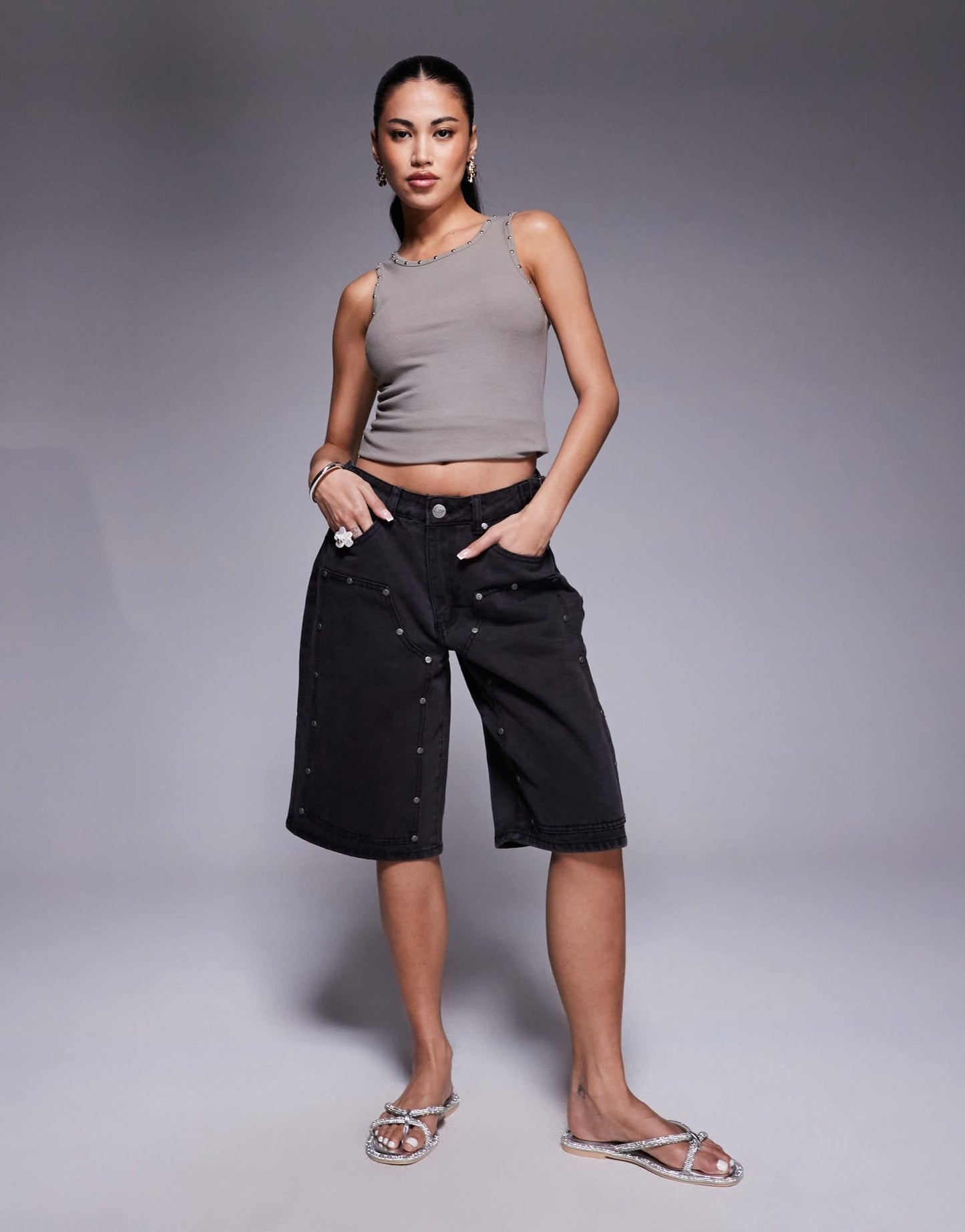 Liquor N Poker mid rise denim utility jorts in dirty black wash - ASOS Sample Sale