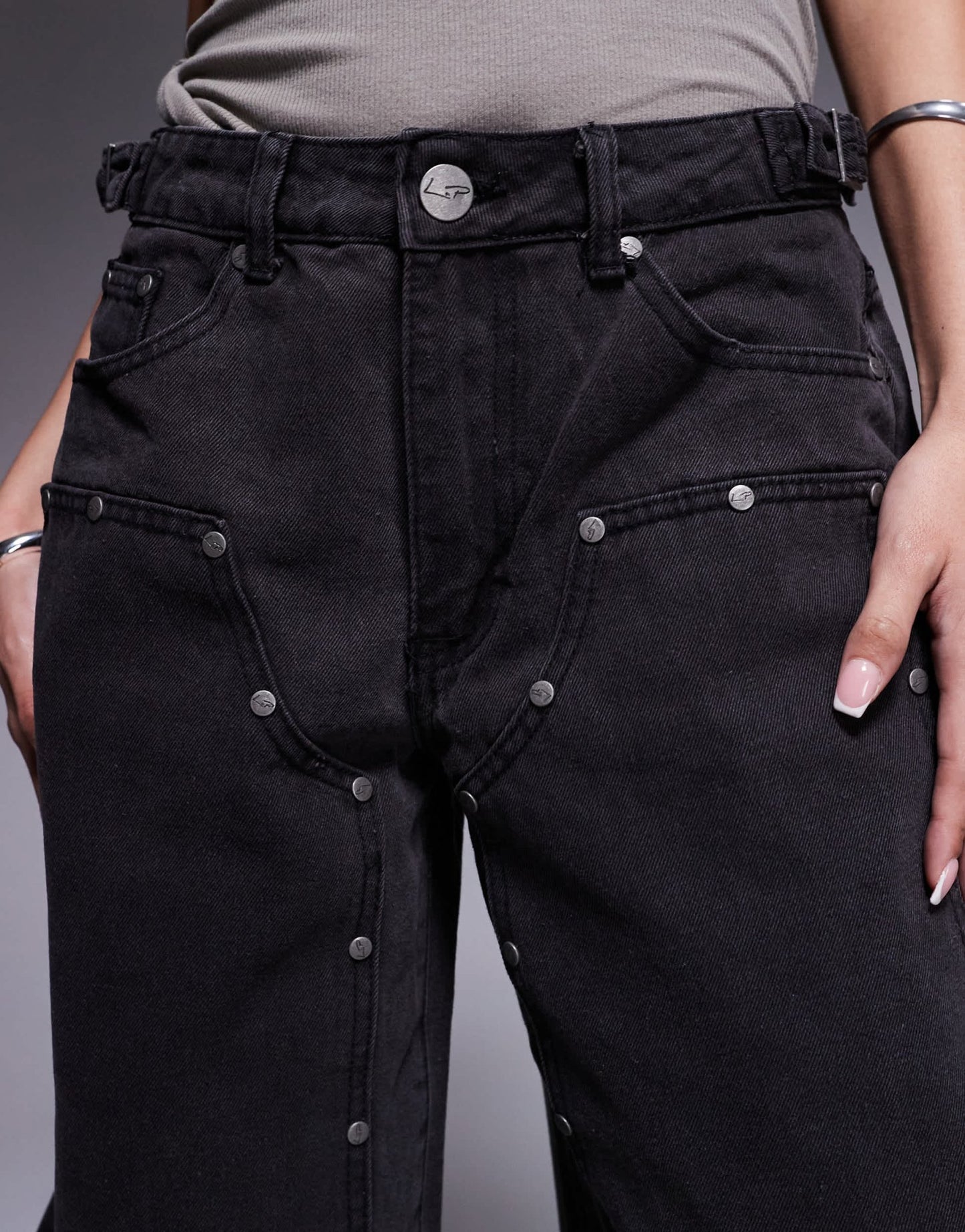 Liquor N Poker mid rise denim utility jorts in dirty black wash - ASOS Sample Sale