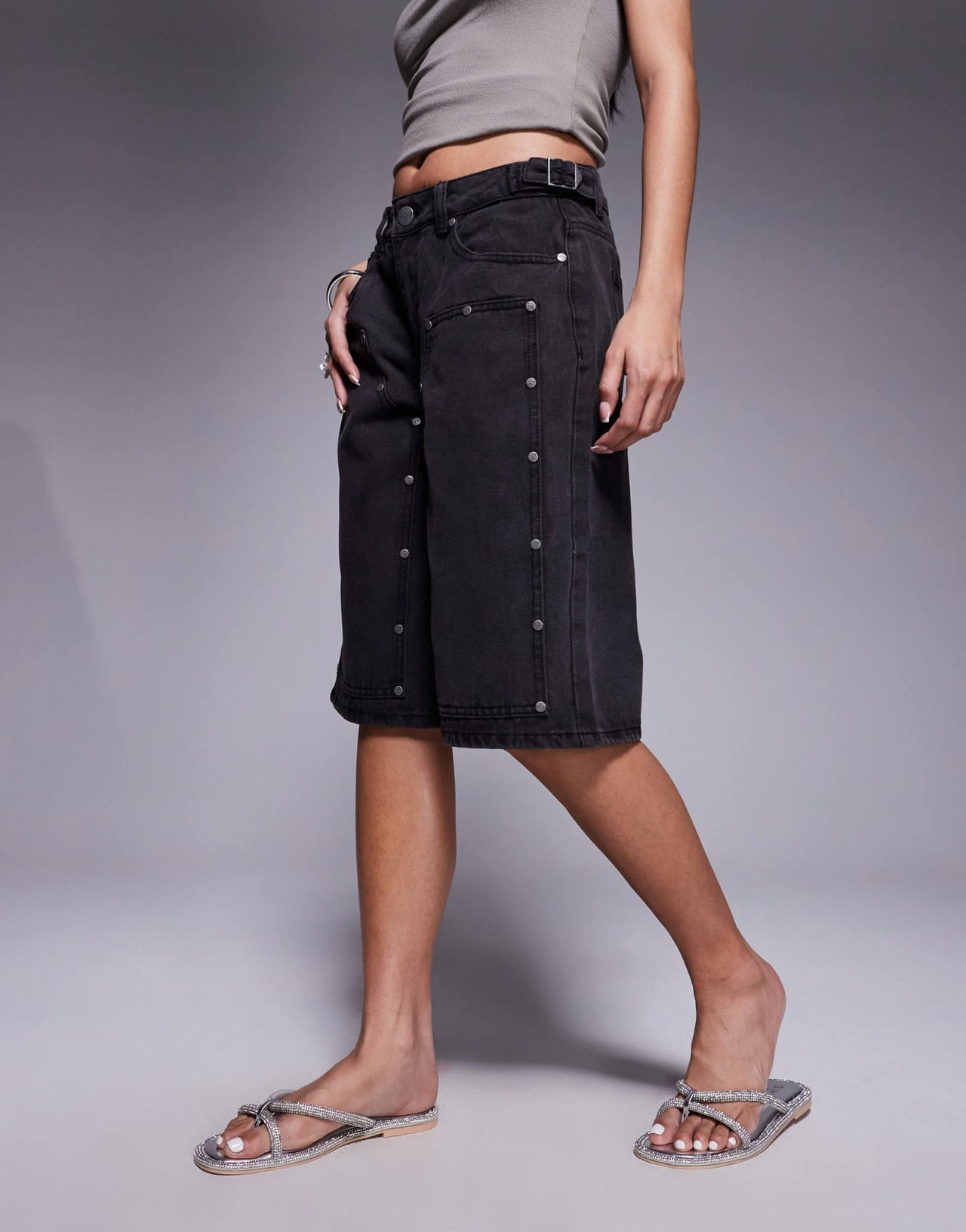 Liquor N Poker mid rise denim utility jorts in dirty black wash - ASOS Sample Sale