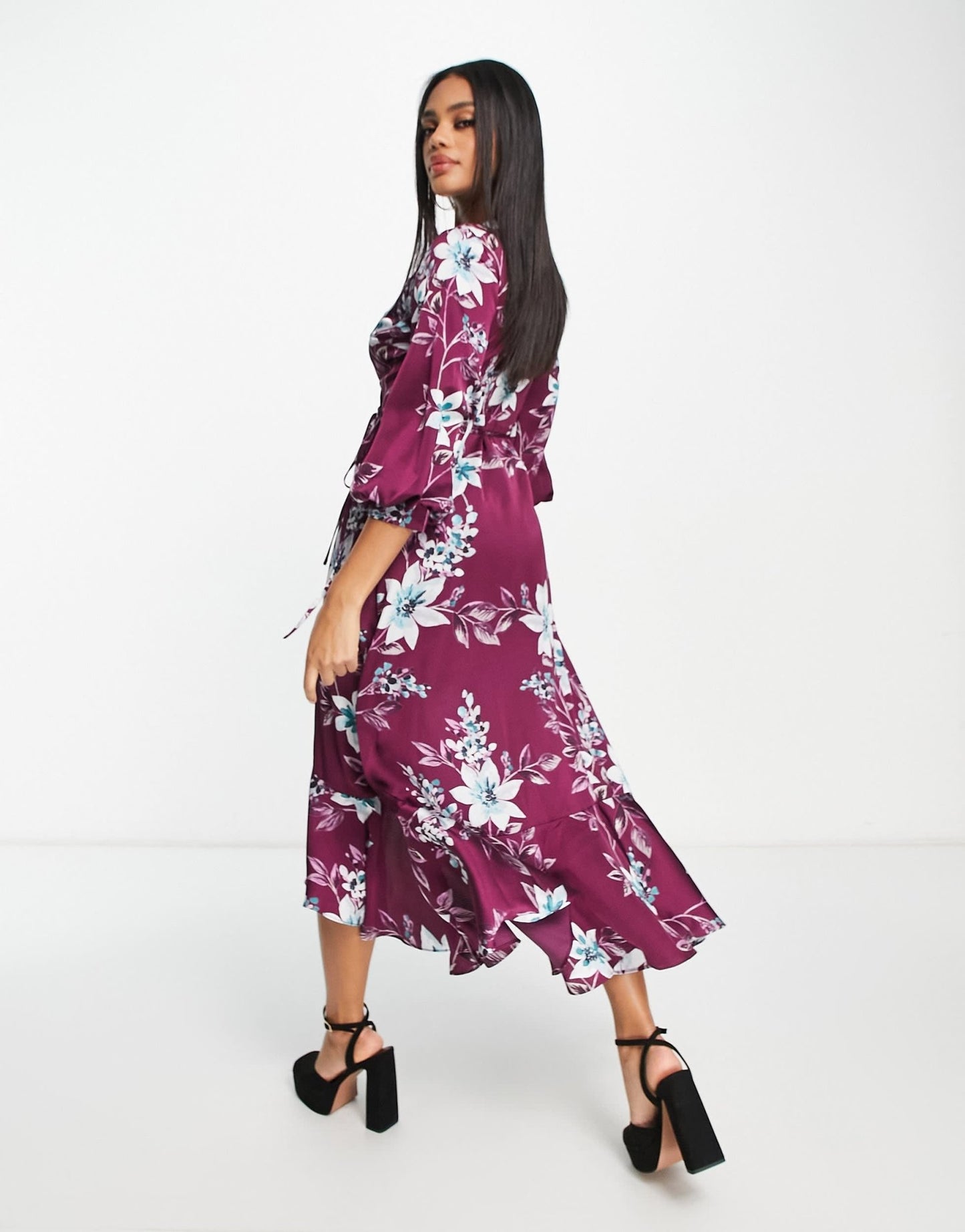 Liquorish satin wrap midi dress with puff sleeve in wine placement floral - ASOS Sample Sale