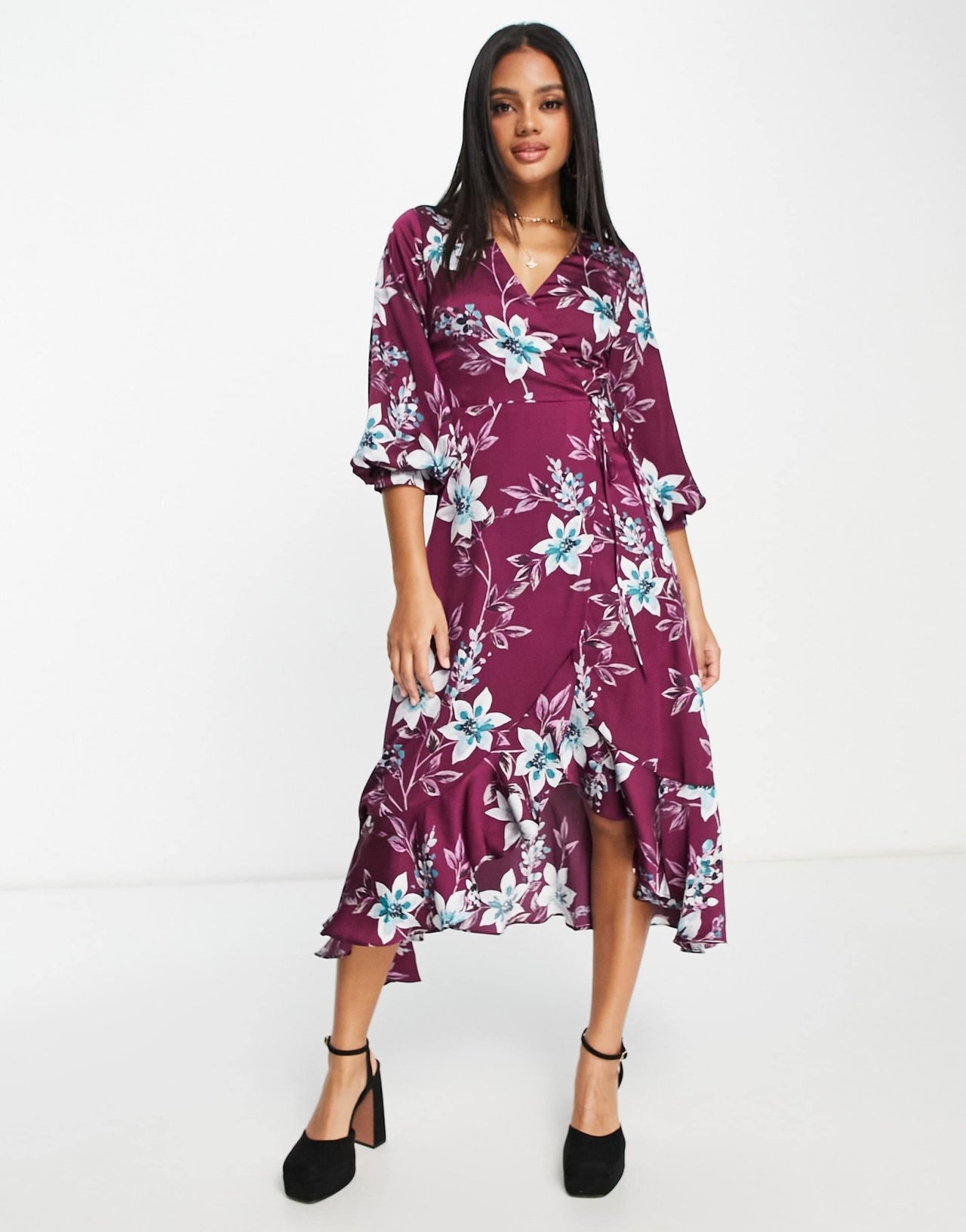 Liquorish satin wrap midi dress with puff sleeve in wine placement floral - ASOS Sample Sale