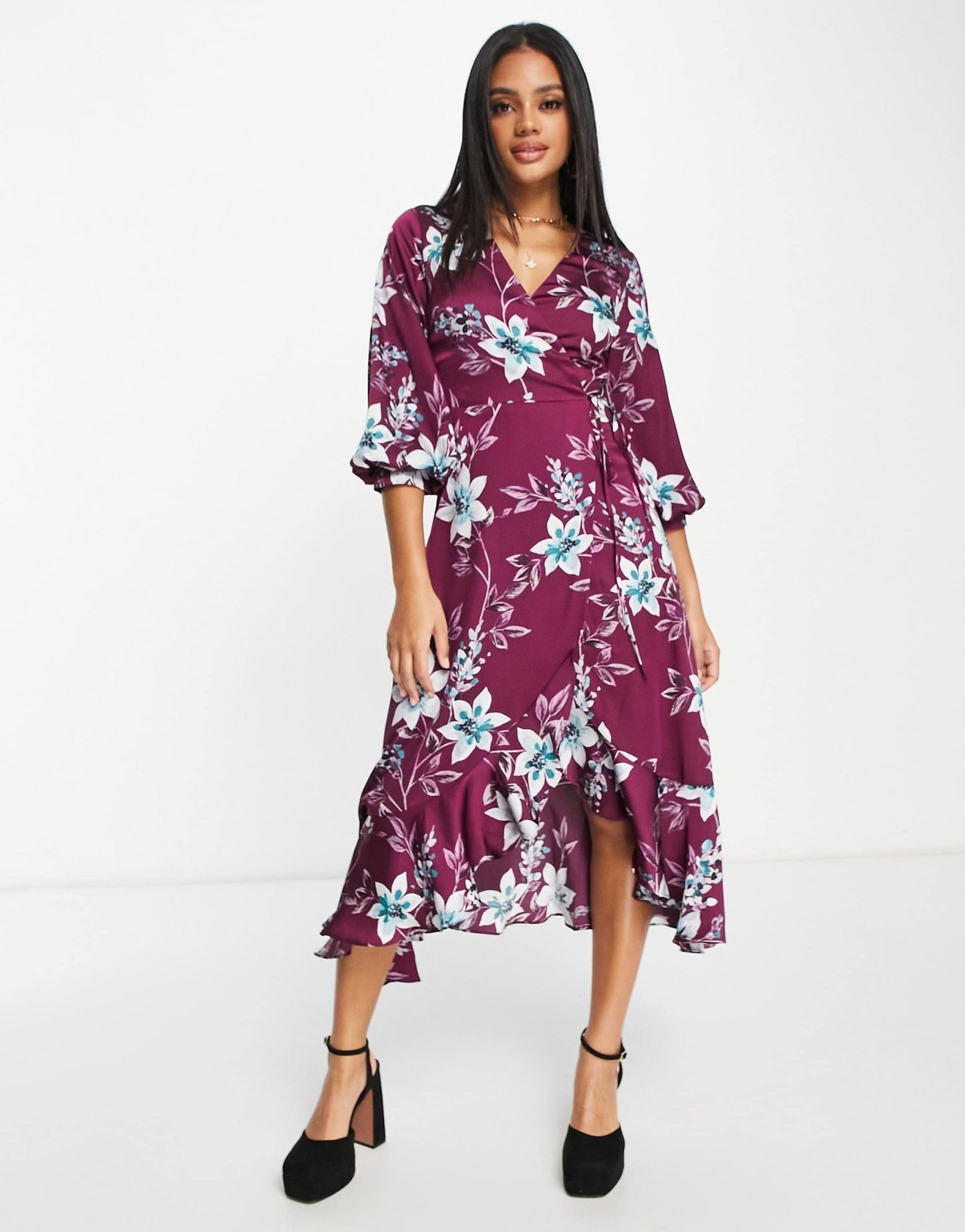 Liquorish satin wrap midi dress with puff sleeve in wine placement floral - ASOS Sample Sale