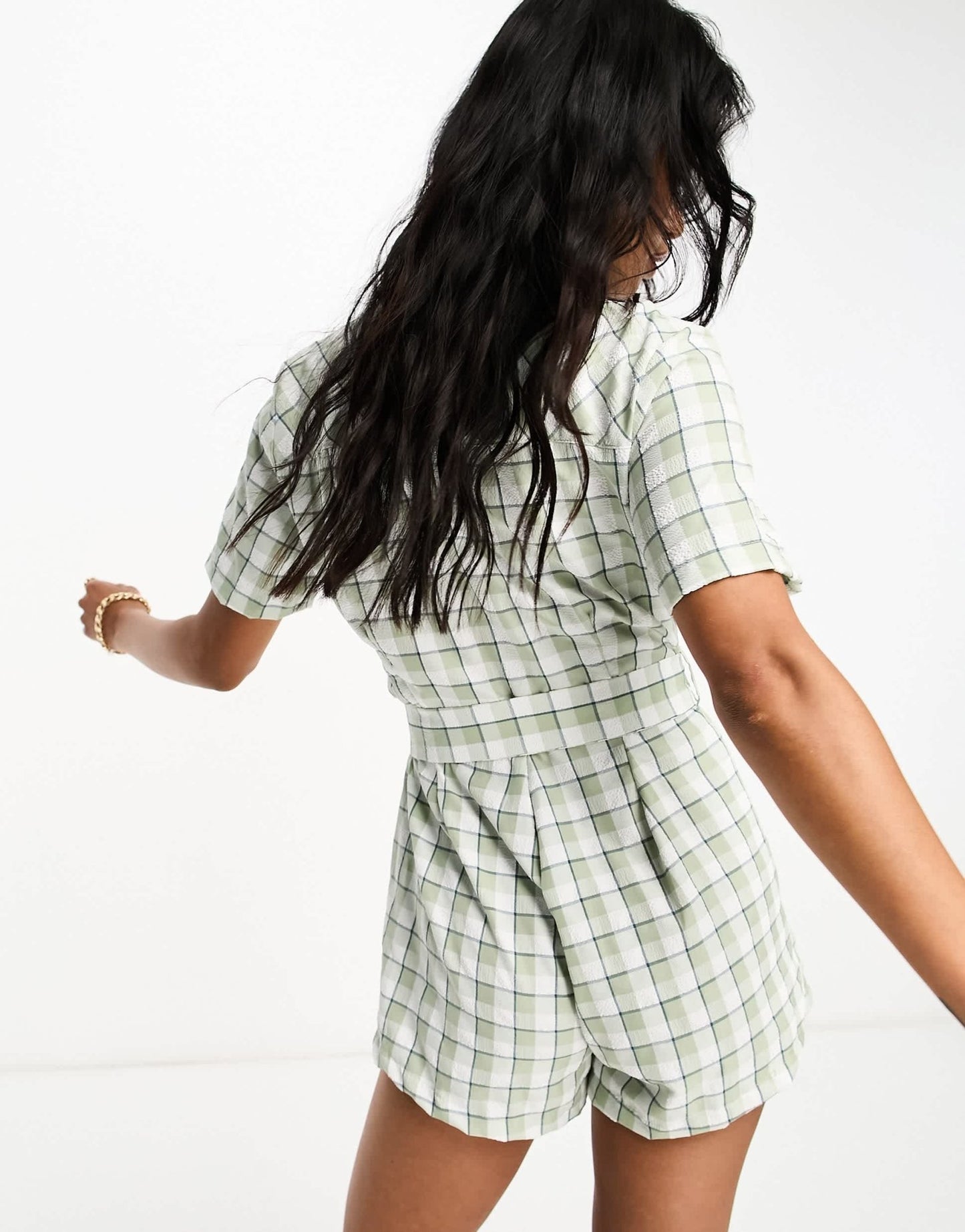 Lola May collared playsuit with belt in sage check - ASOS Sample Sale