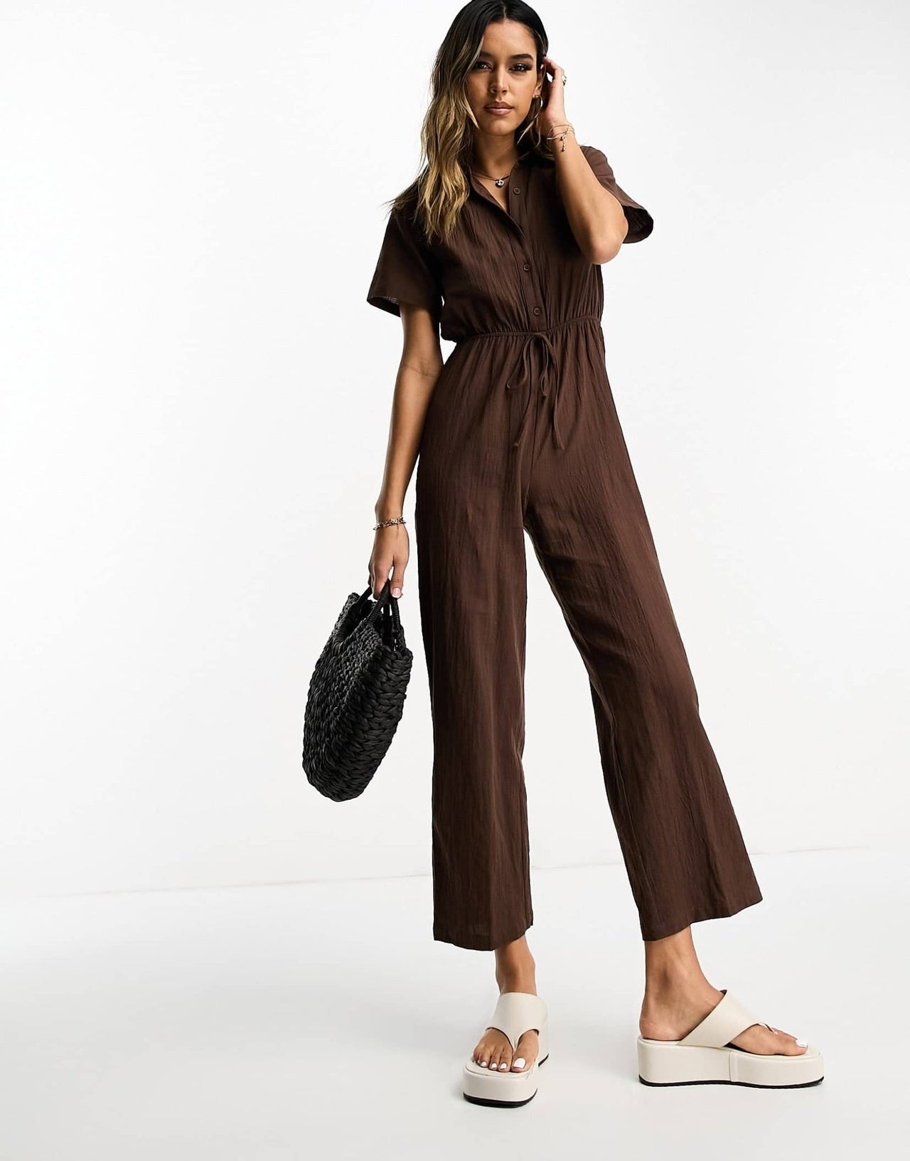 Lola May collared tie waist jumpsuit in chocolate brown - ASOS Sample Sale