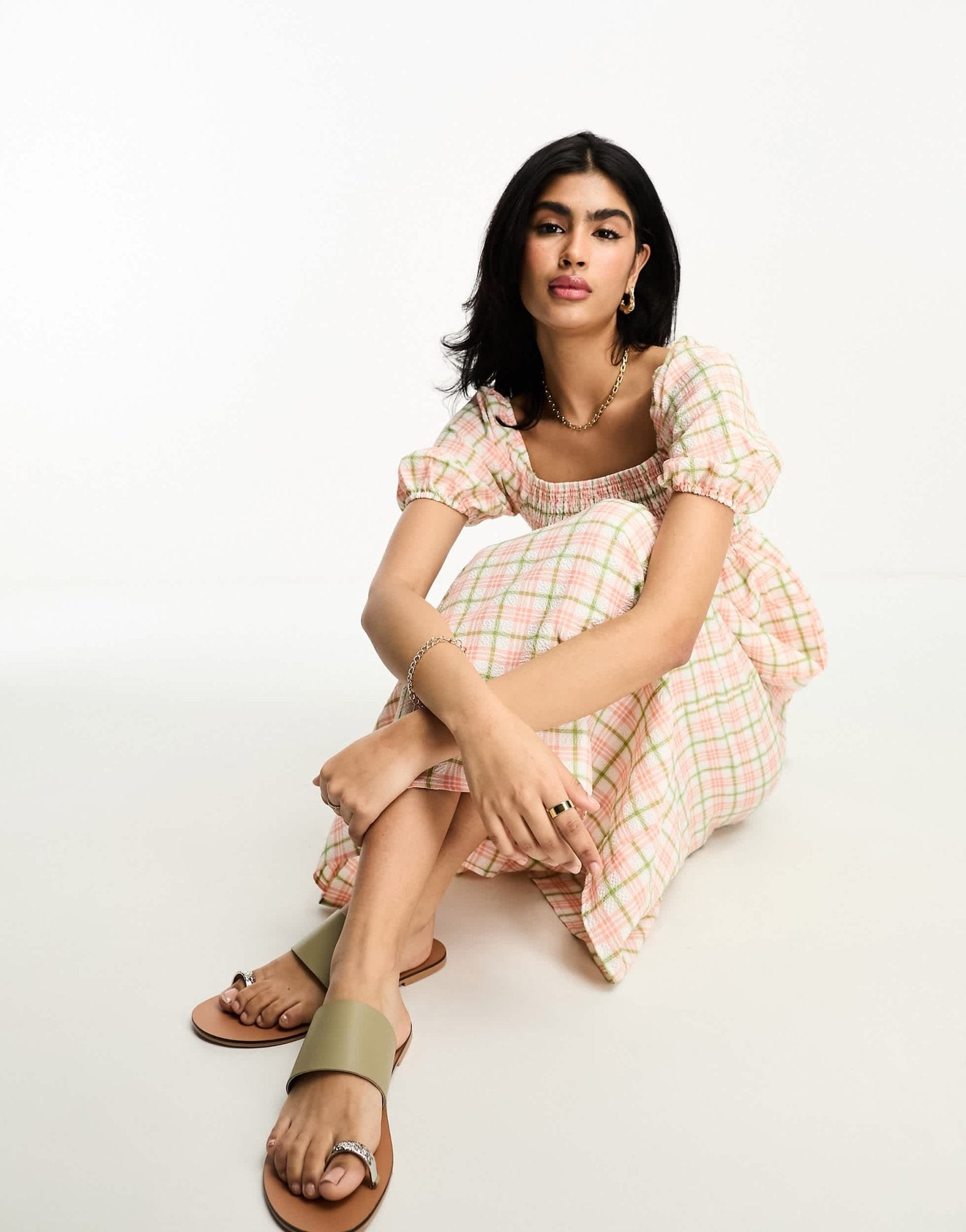 Lola May shirred puff sleeve midi smock dress in pink check - ASOS Sample Sale